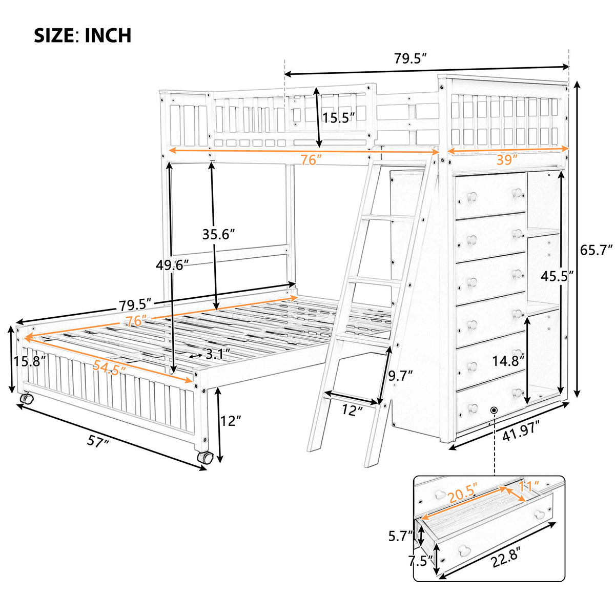 Bunk Bed With 6 Drawers And Flexible Shelves, Bottom Bed With Wheels