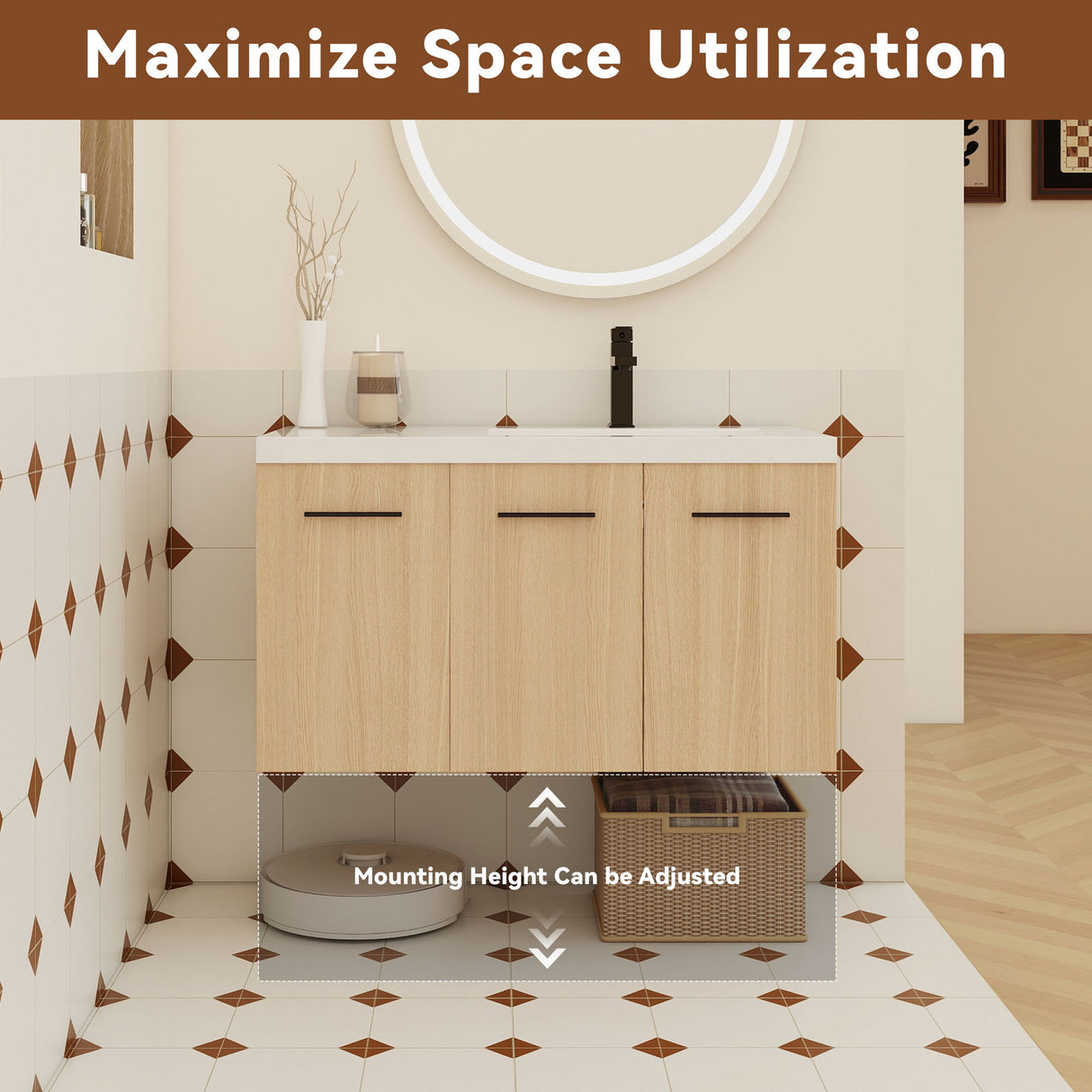 Wall Mounted Floating Bathroom Vanity With Sink, 3 Door Modular Cabinet