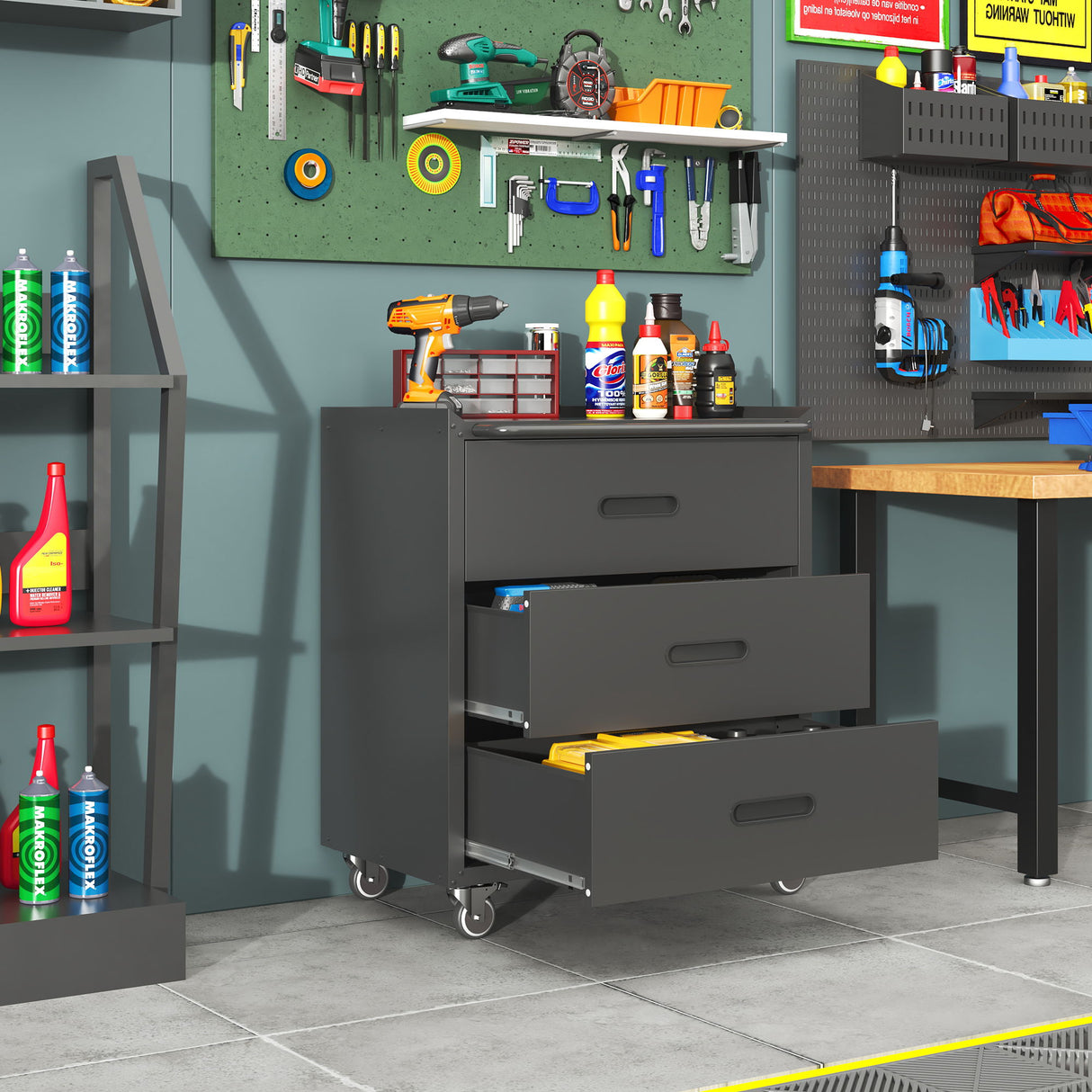 Heavy Duty Metal Storage Cabinet With Wheels 3 Drawer Tool Cabinet For Garage, Office, And Home Organizer Solutions