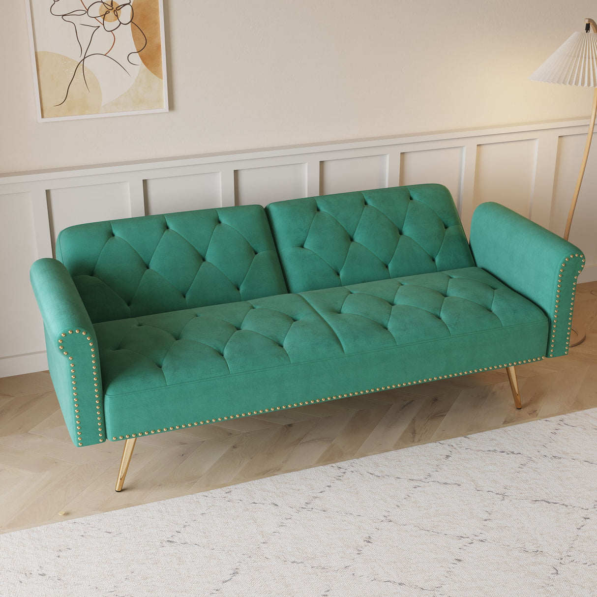 Luxurious Sofa Bed With Nail Head Trim And Matching Pillow