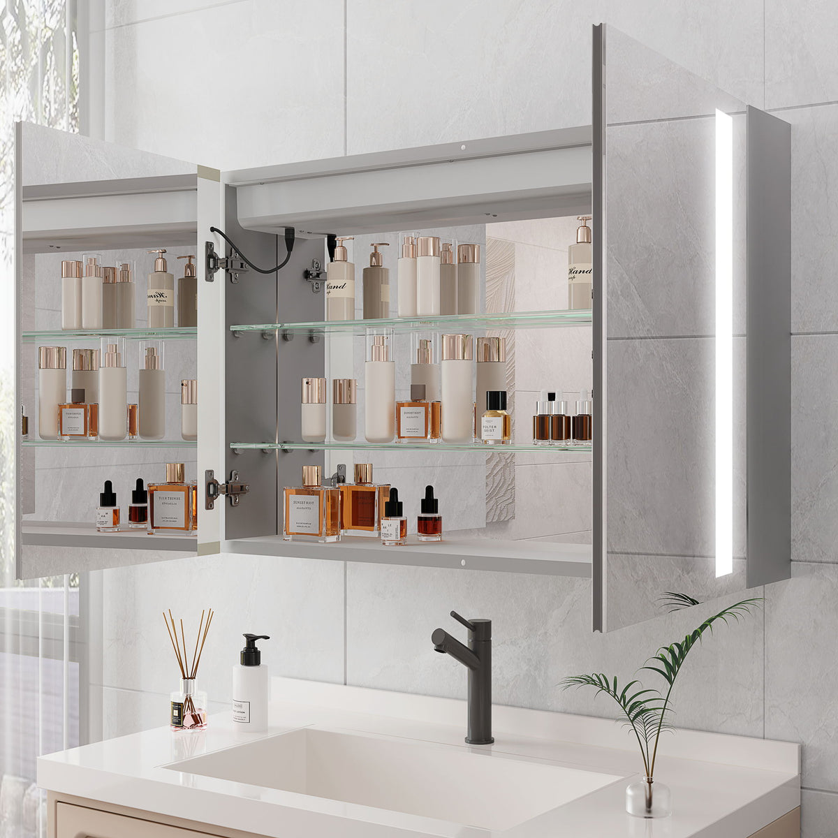 LED Medicine Cabinet With Mirror, Double Door With Defogger, Dimmer, Surface Mount