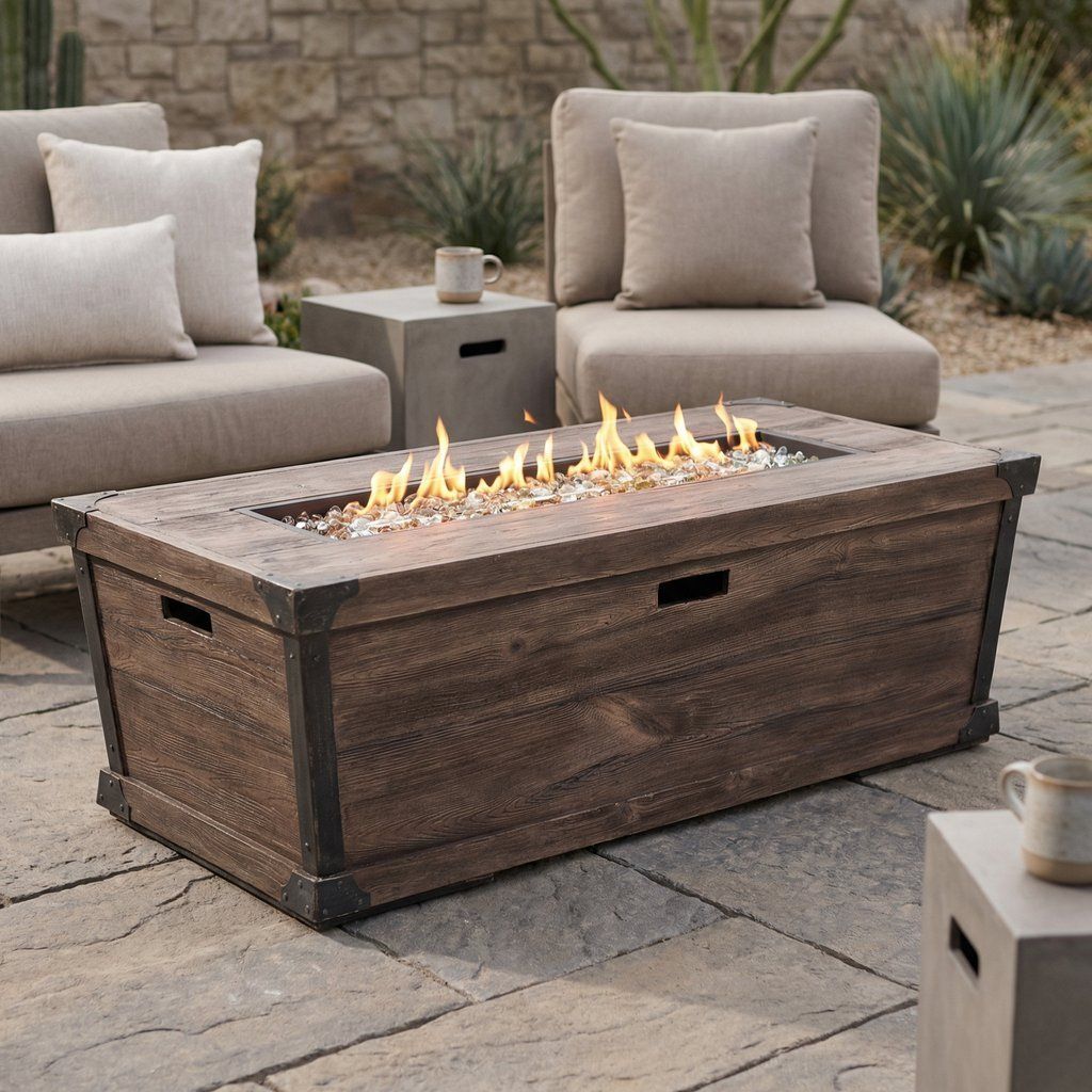 Outdoor Patio Gas Fire Pit Table Wood Pattern Lightweight Concrete 56x19in Dark Brown
