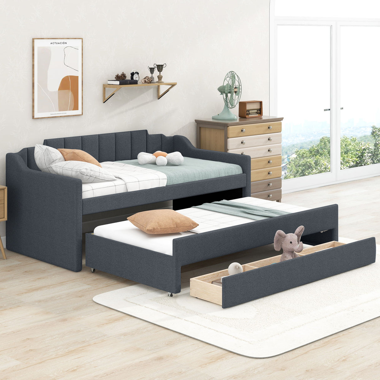 Upholstered Simple Design Daybed With Trundle And 3 Drawers