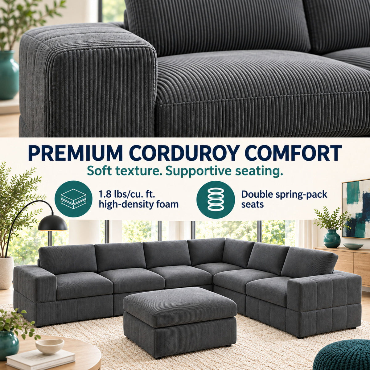 Oversized Modular Sectional Sofa, Reversible With Ottoman