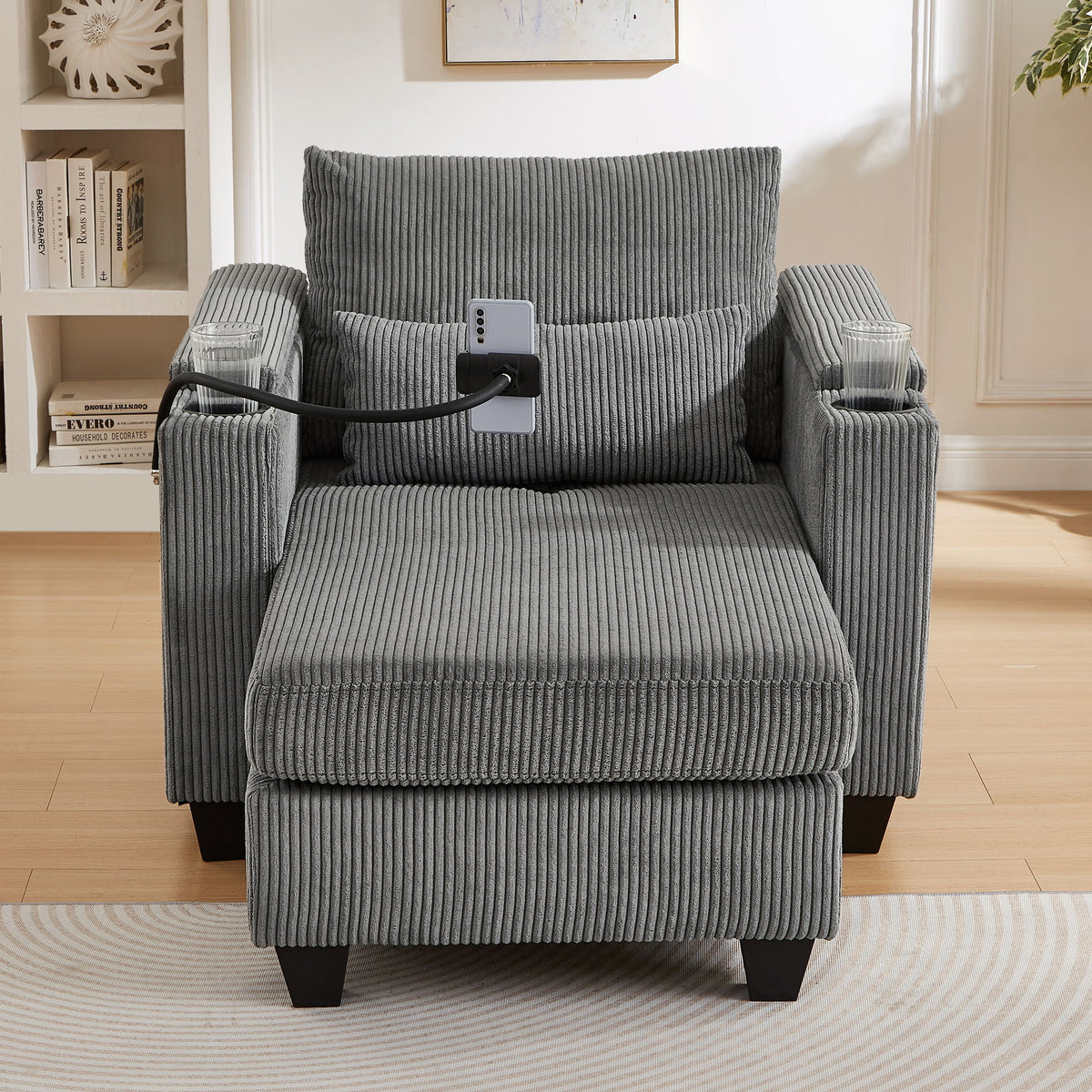 Convertible Chaise Lounge Sofa Chair With USB Ports, Cup Holders, Phone Holder And Storage