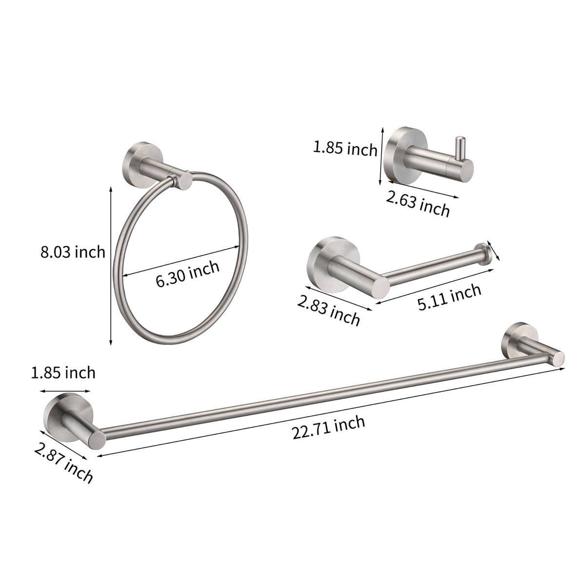 Bathroom Set 4 Pack With Towel Bar Racks, Toilet Paper Holder, Ring, Hook, Stainless Steel - Brushed Nickel