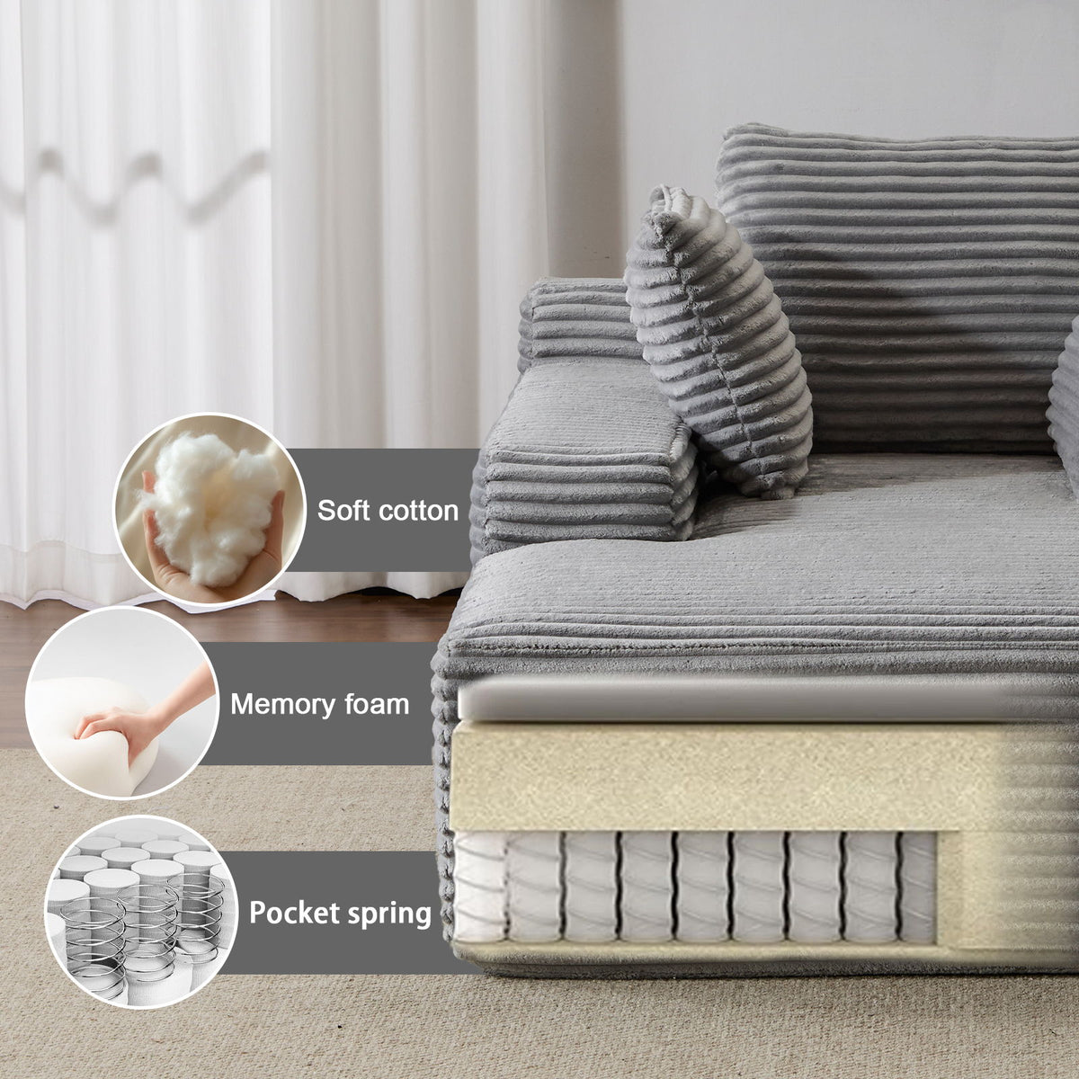 Oversized Chaise Lounge Chair Cozy Cloud Couch, Plush Corduroy Upholstered Sleeper Sofa Daybed With 3 Throw Pillows And Wide Armrest For Living Room - Gray