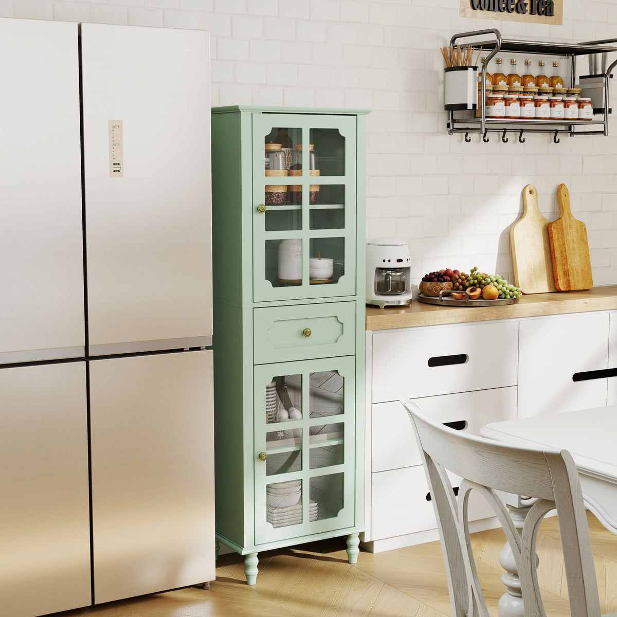 Storage Cabinet, Freestanding Curio Cabinet With Grid Doors & Drawer, Pantry Display Cabinet For Kitchen