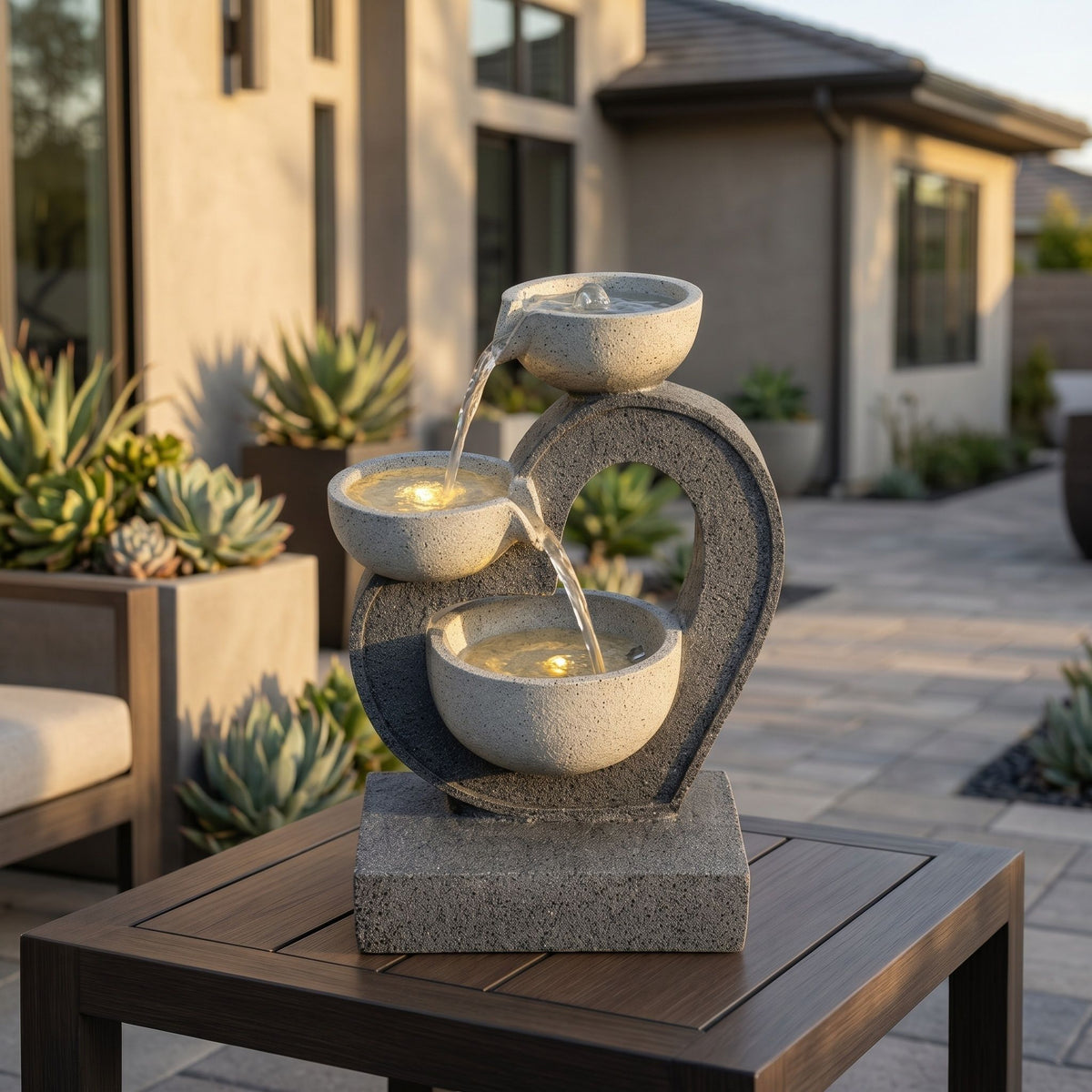 3 Tier Outdoor Water Fountain With Warm LED Lights, Stone Textured Cascading Design For Patio - Gray