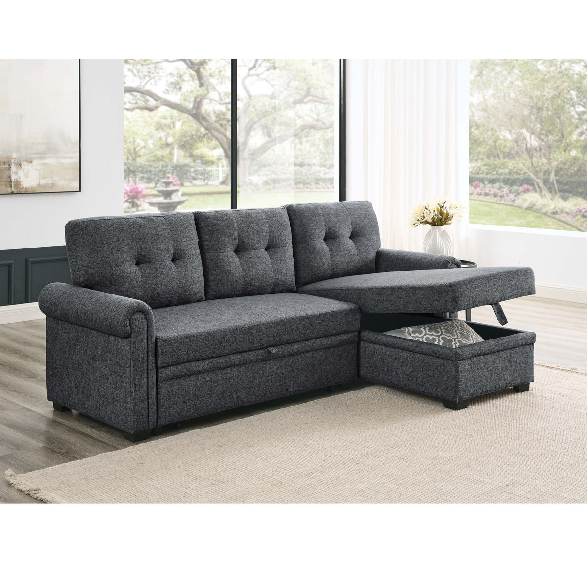 Upholstered Sleeper Sofa With Reversible Storage Chaise - Dark Gray