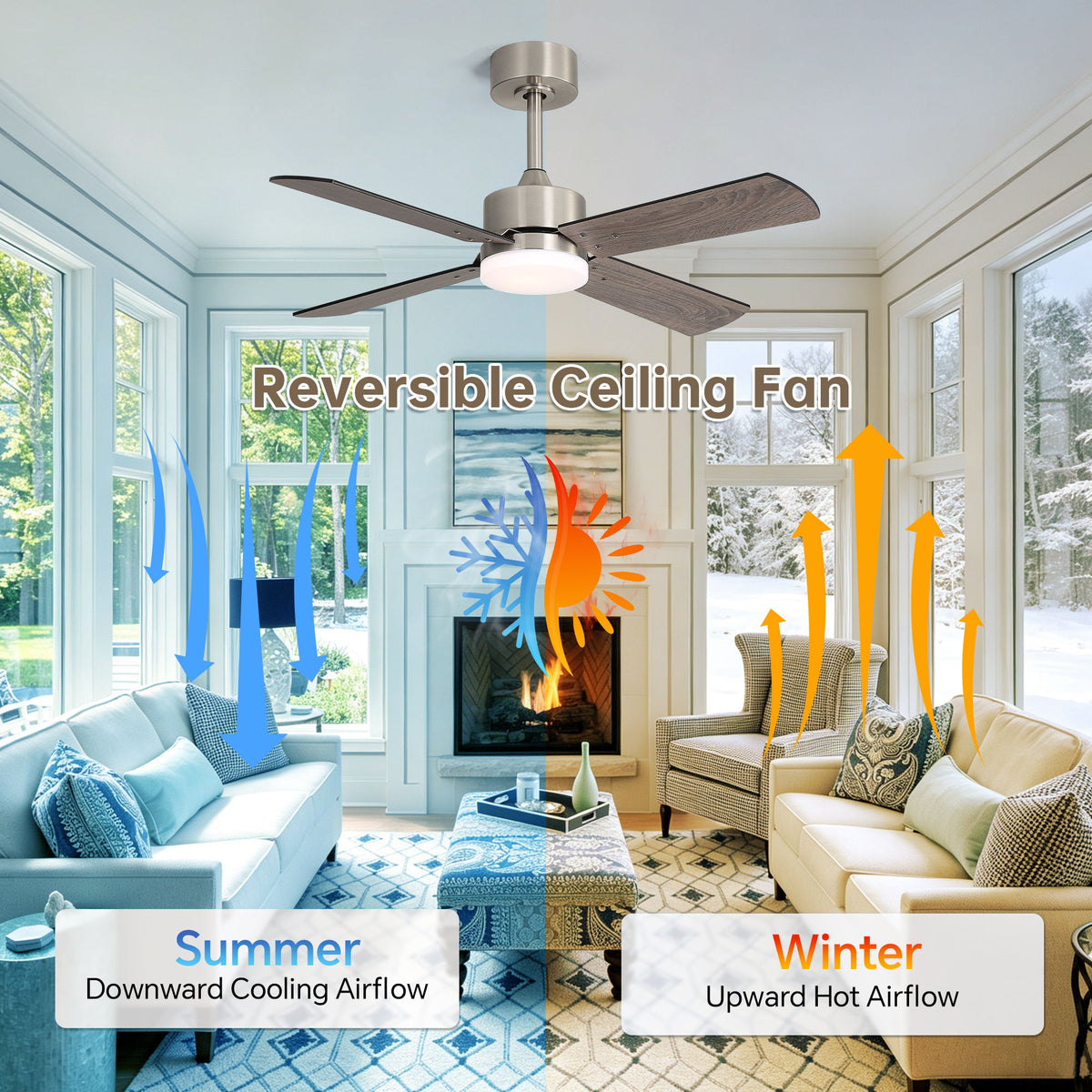 42" Ceiling Fan With Light And Memory Function, DC Reversible Motor, 4 Blades