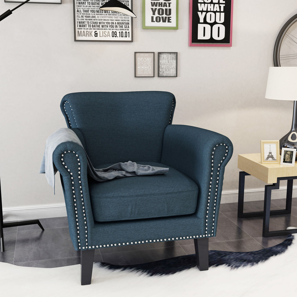 Elegant Fabric Club Chair With Nailhead Trim And Birch Wood Legs - Navy Blue