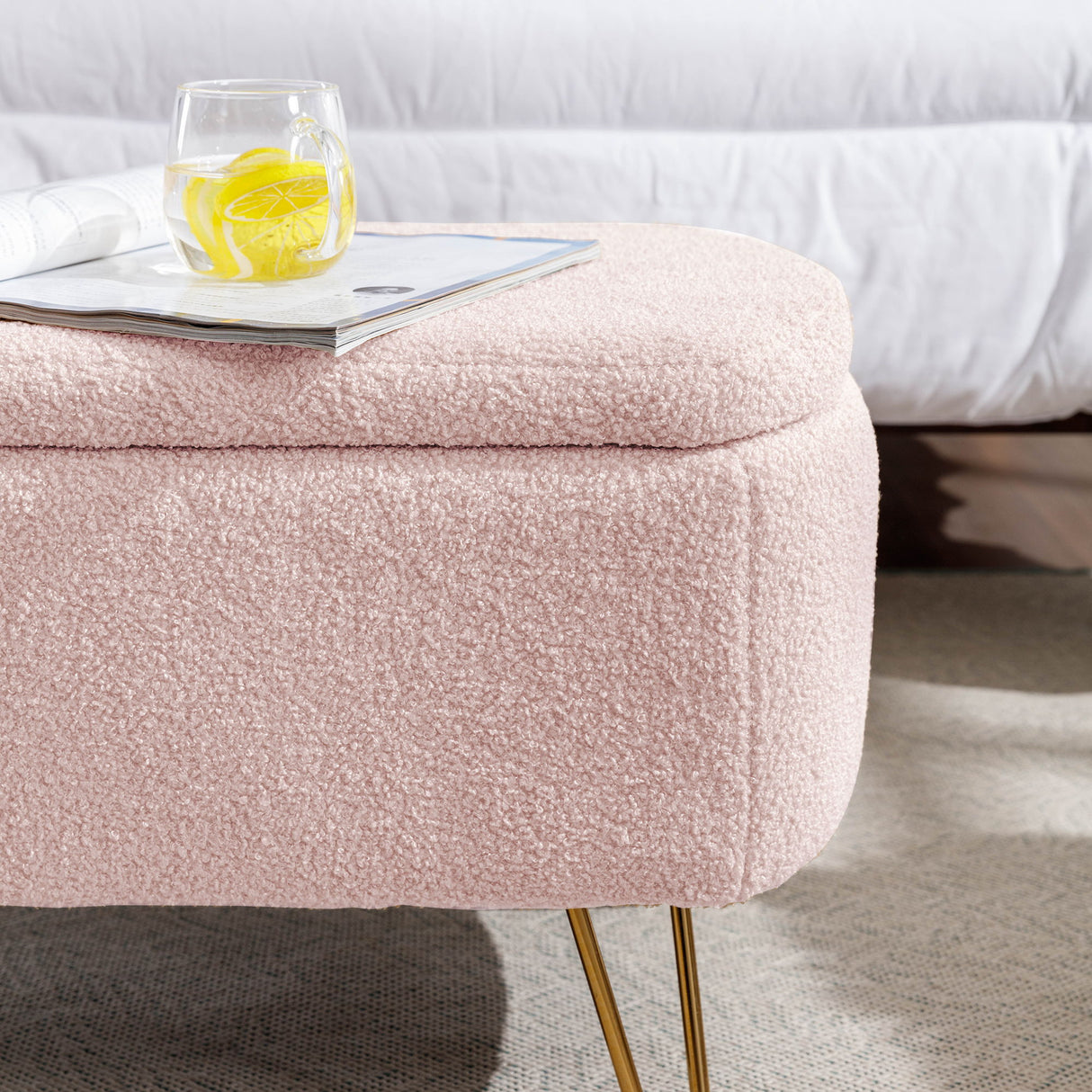 Storage Ottoman Bench For End Of Bed Legs, Modern Camel Faux Fur Entryway Bench Upholstered Padded With Storage For Living Room Bedroom