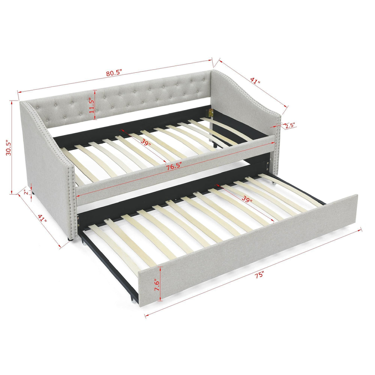 Upholstered Tufted Daybed With Drawers, Waved Arms