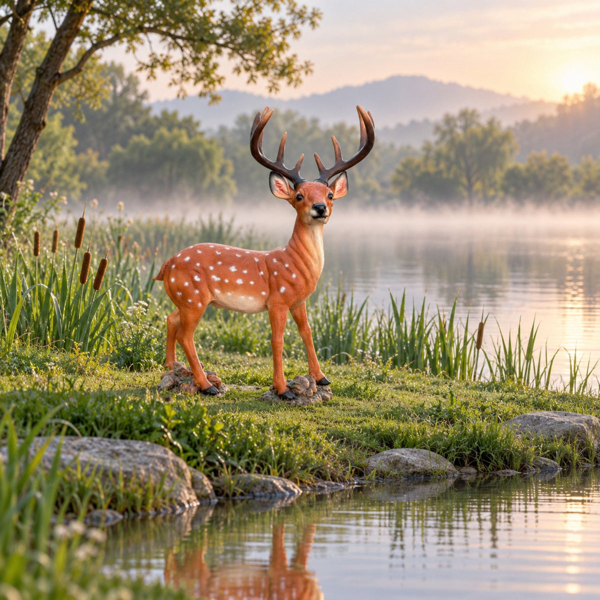 Lifelike Deer Statue With Detachable Antlers, Outdoor Garden Decor - Brown / Yellow