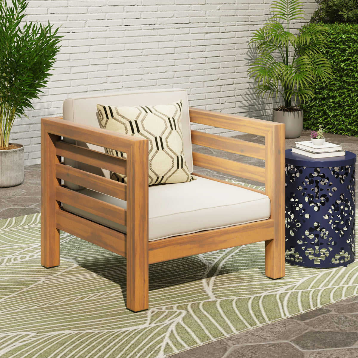 Outdoor Acacia Wood Patio Chair With Fabric Cushion