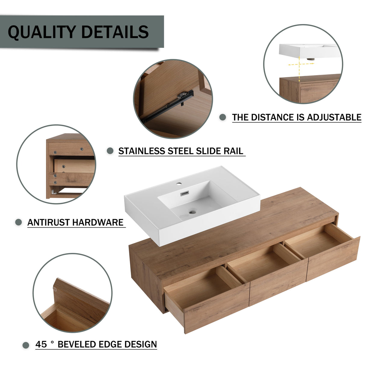 Modern Wall Mounted Bathroom Vanity With Resin Sink, Soft Close Drawer - Imitative Oak