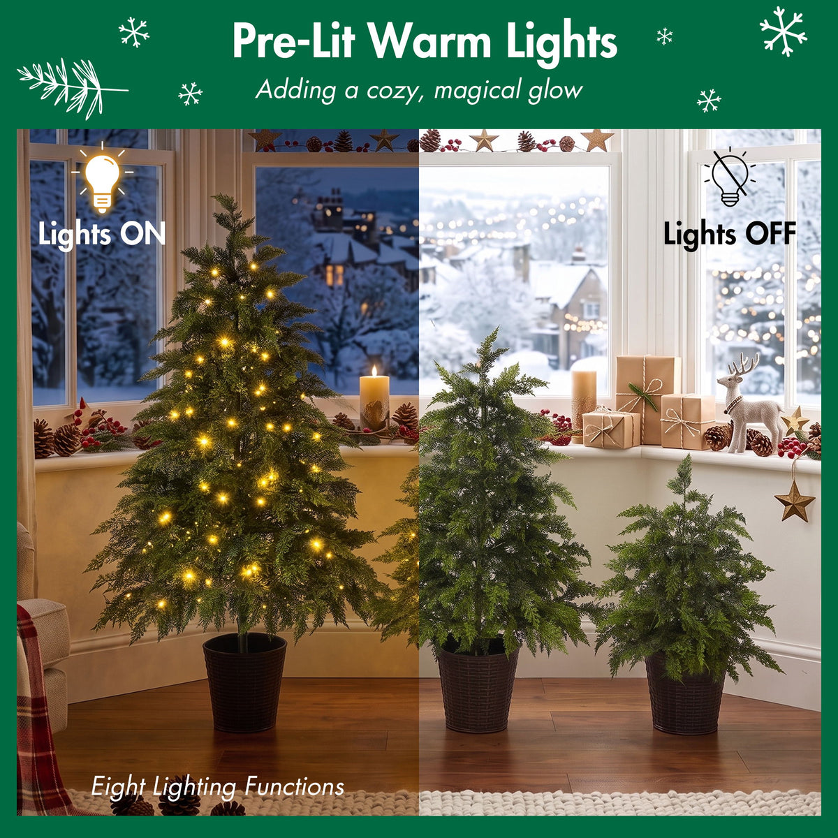 3 Piece Pre Lit Christmas Tree Set With Warm Glowing LED Lights, Sturdy Potted Base, Full Cascading Branches - Green