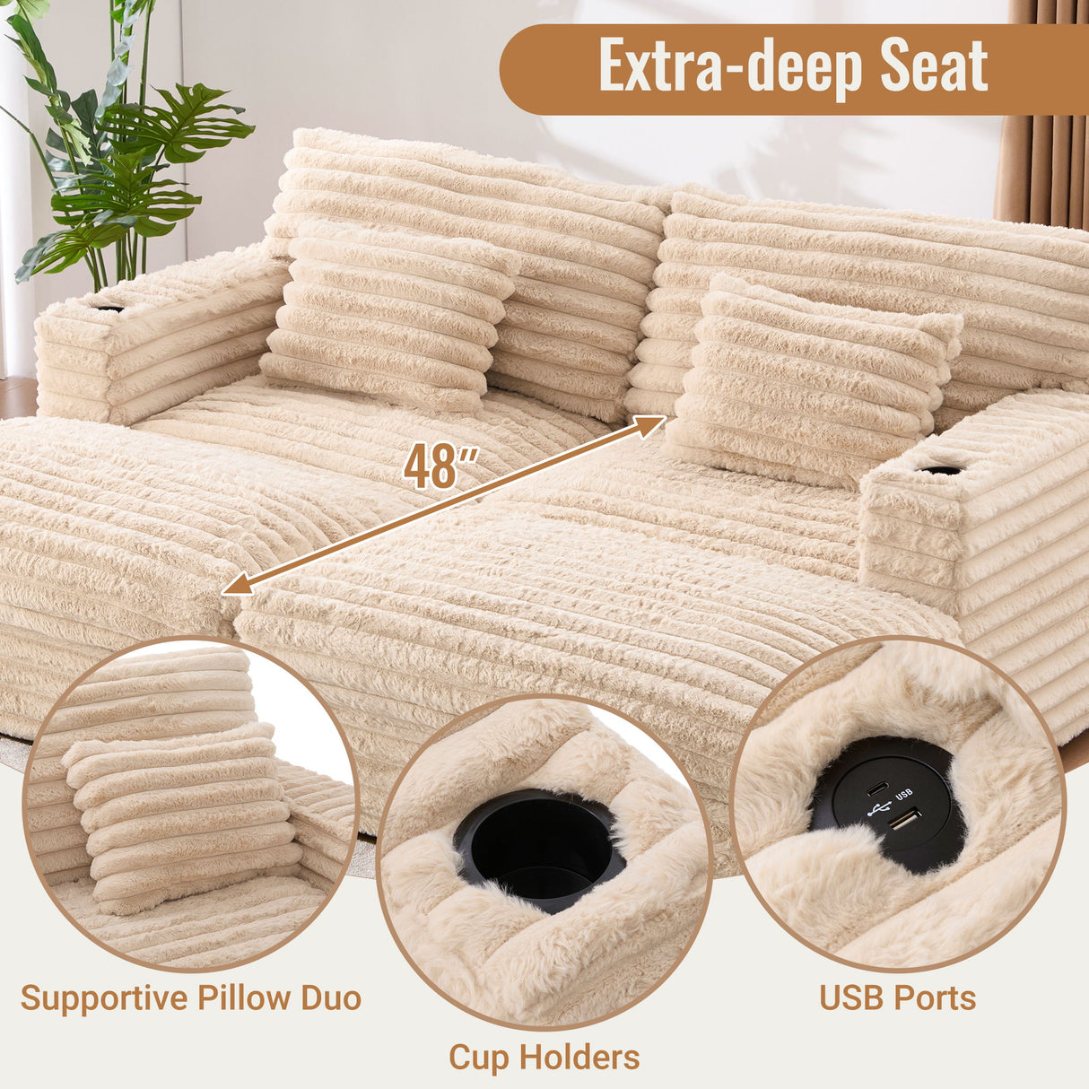 Oversized Double Chaise Lounge Sofa With USB Ports And Cup Holders