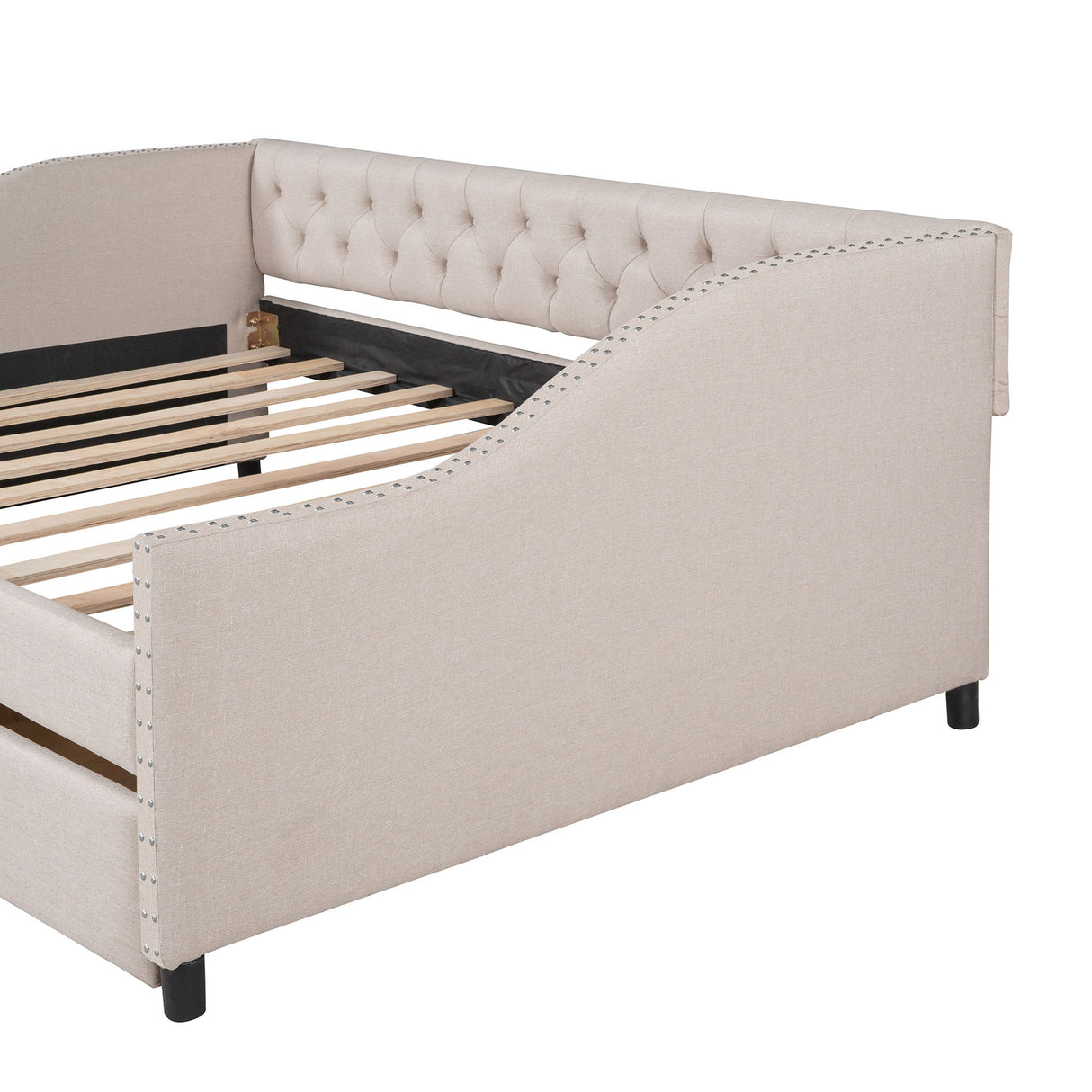 Upholstered Daybed With Two Drawers, Wood Slat Support