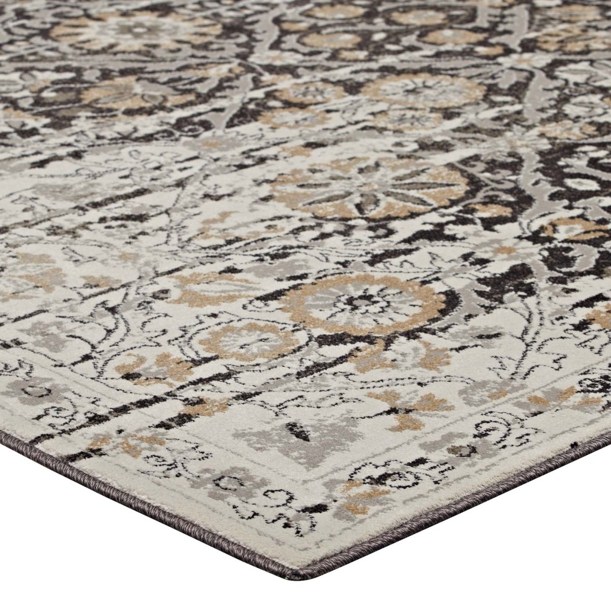 8x10 Black and Beige Distressed Diamond Floral Lattice Polypropylene Area Rug - Mats and Rugs - Alpine Outlets