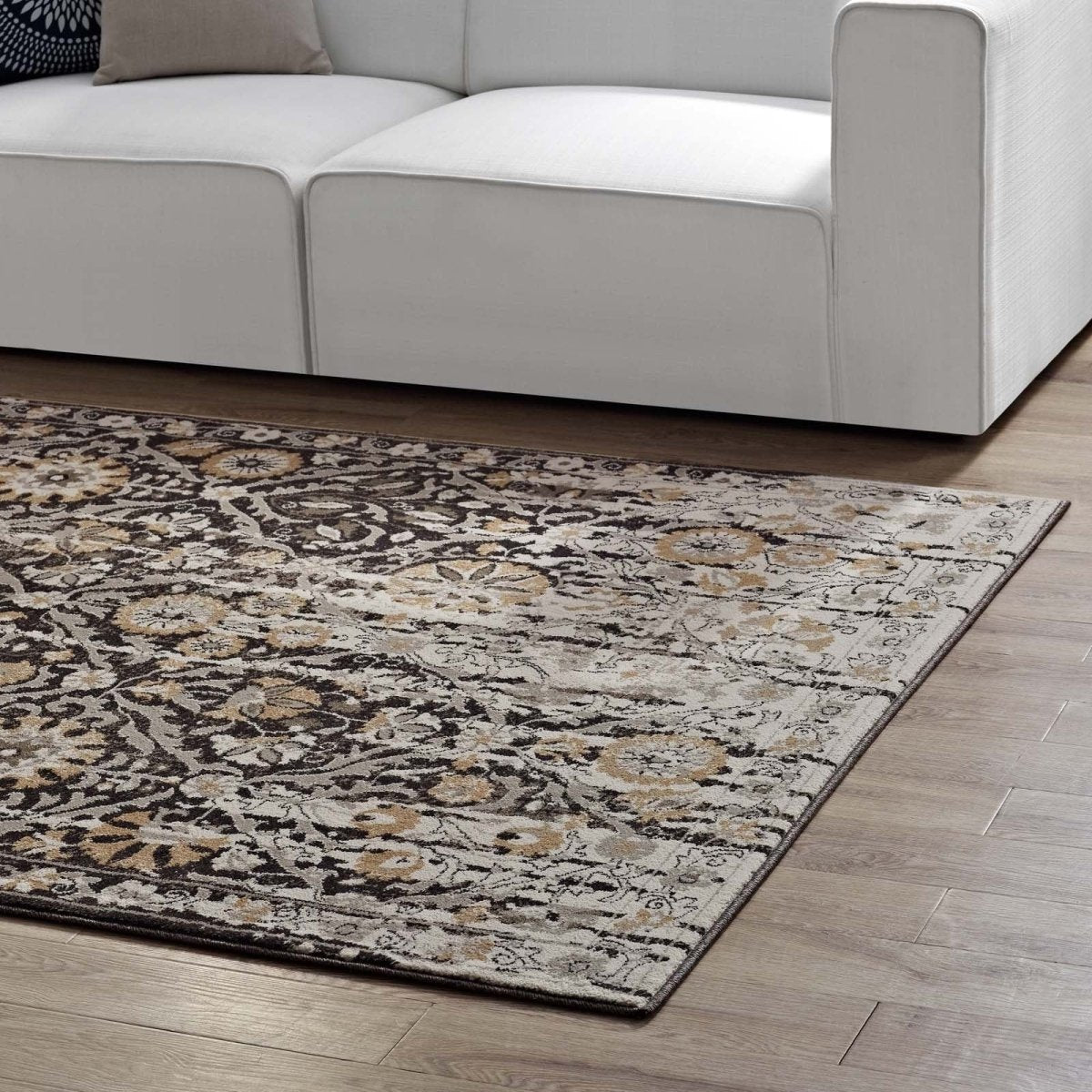 8x10 Black and Beige Distressed Diamond Floral Lattice Polypropylene Area Rug - Mats and Rugs - Alpine Outlets
