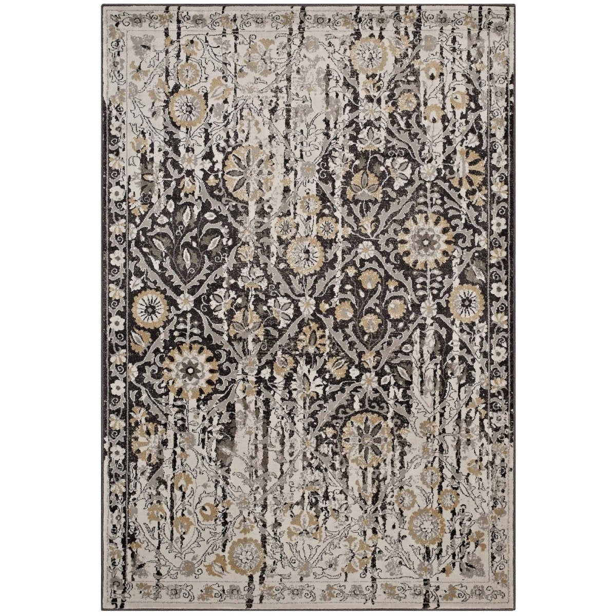 8x10 Black and Beige Distressed Diamond Floral Lattice Polypropylene Area Rug - Mats and Rugs - Alpine Outlets