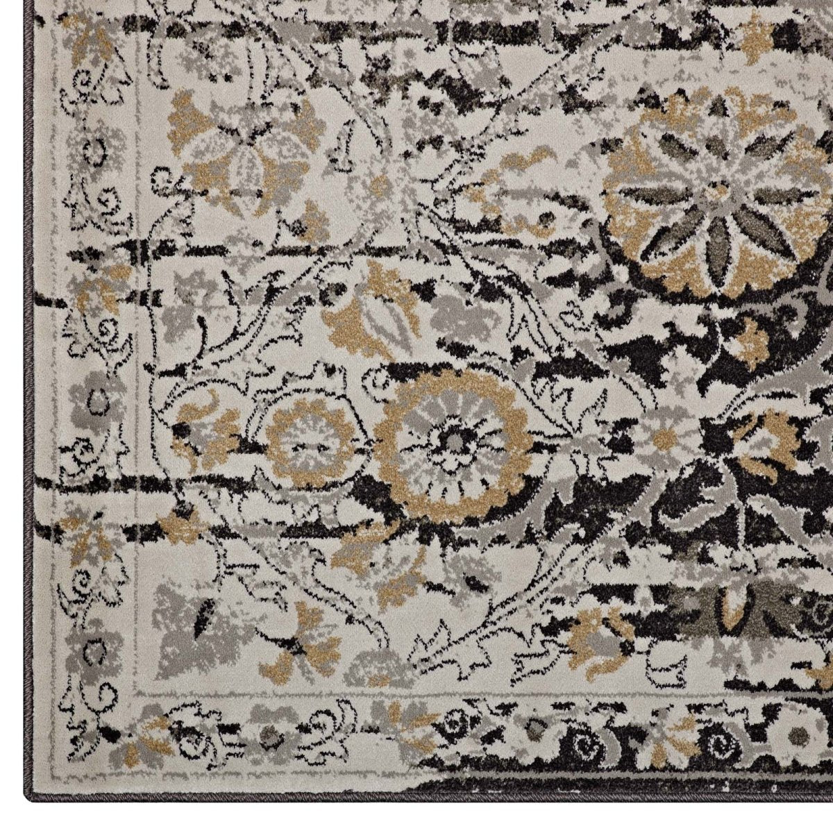 8x10 Black and Beige Distressed Diamond Floral Lattice Polypropylene Area Rug - Mats and Rugs - Alpine Outlets