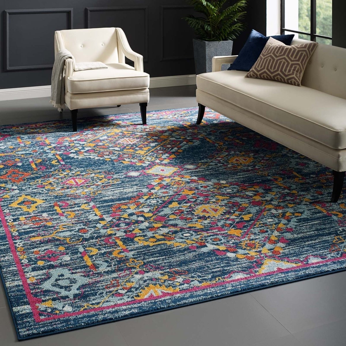 8x10 Blue Orange Yellow Red Distressed Floral Lattice Polypropylene Area Rug - Mats and Rugs - Alpine Outlets