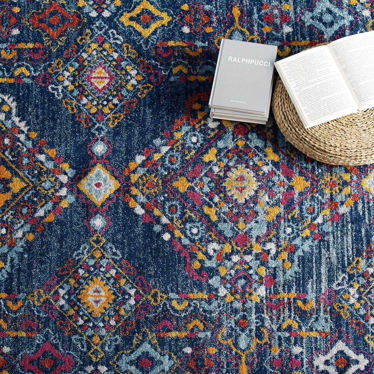 8x10 Blue Orange Yellow Red Distressed Floral Lattice Polypropylene Area Rug - Mats and Rugs - Alpine Outlets