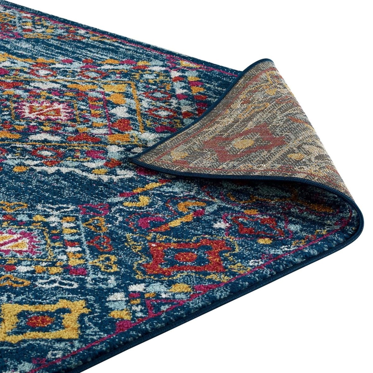 8x10 Blue Orange Yellow Red Distressed Floral Lattice Polypropylene Area Rug - Mats and Rugs - Alpine Outlets