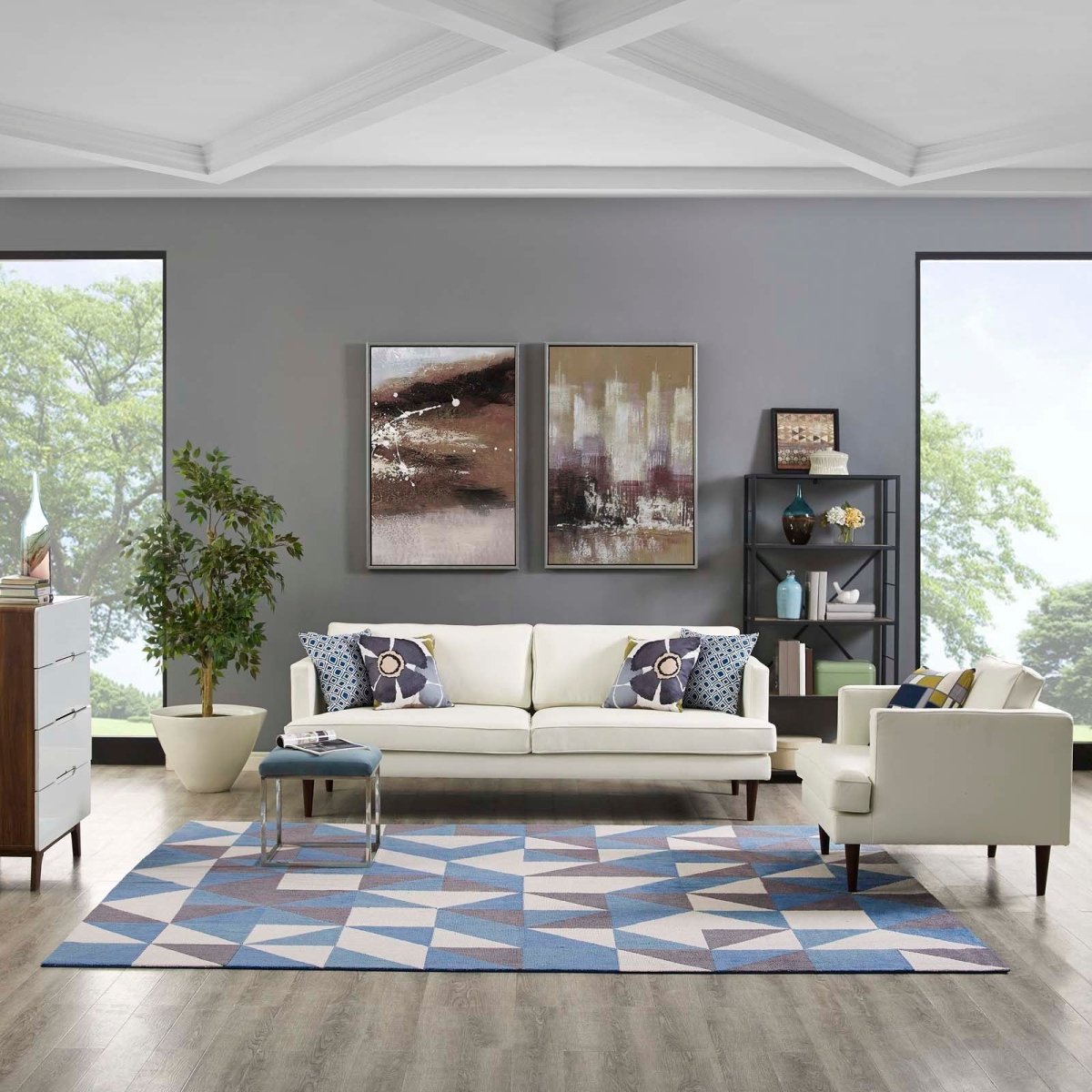 8x10 Blue White and Gray Geometric Triangle Mosaic Polyester Area Rug - Mats and Rugs - Alpine Outlets