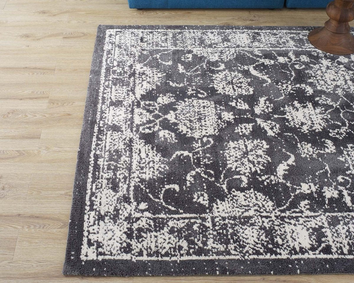 8x10 Dark Gray and Ivory Distressed Floral Lattice Area Rug - Mats and Rugs - Alpine Outlets