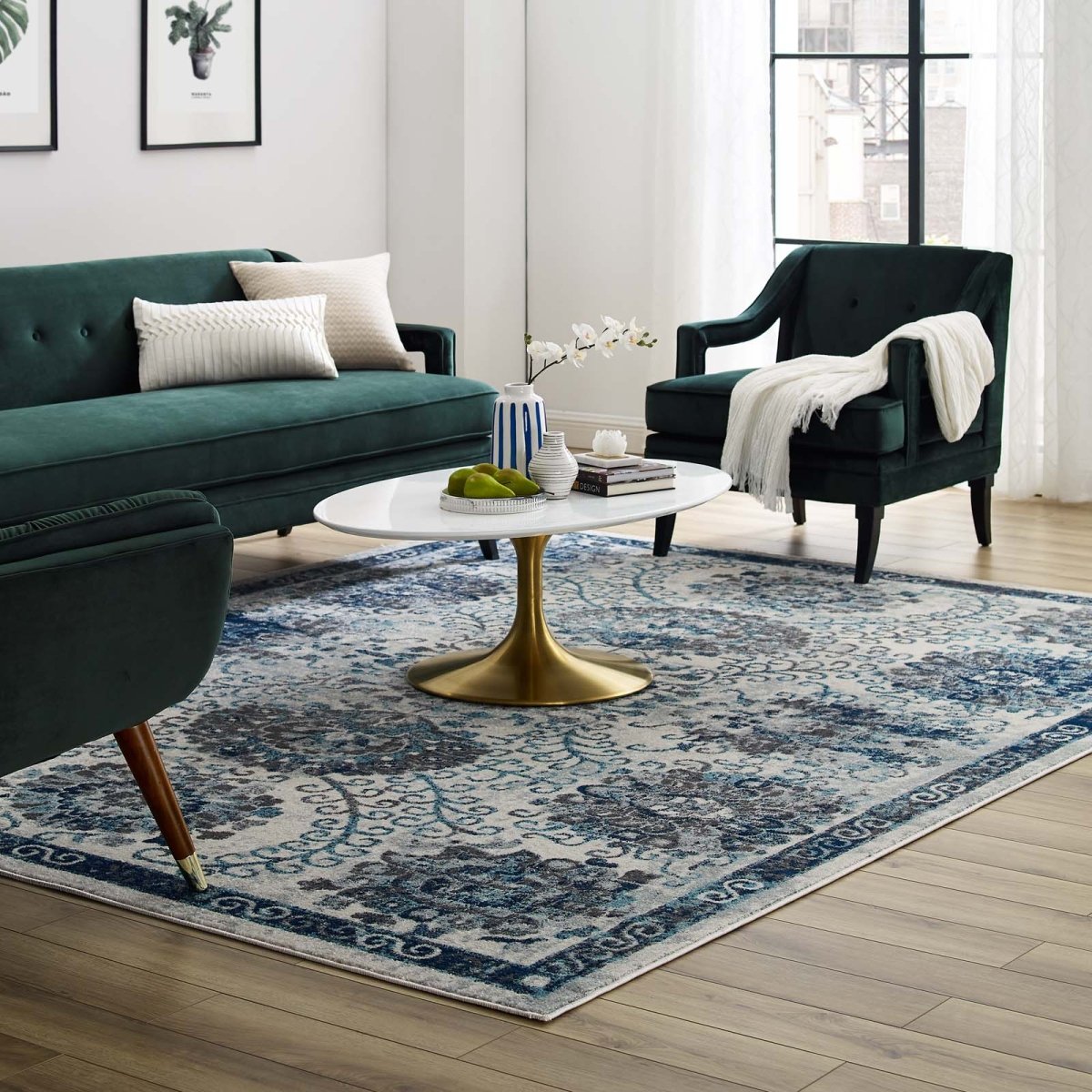 8x10 Ivory and Blue Distressed Floral Moroccan Trellis Area Rug - Mats and Rugs - Alpine Outlets