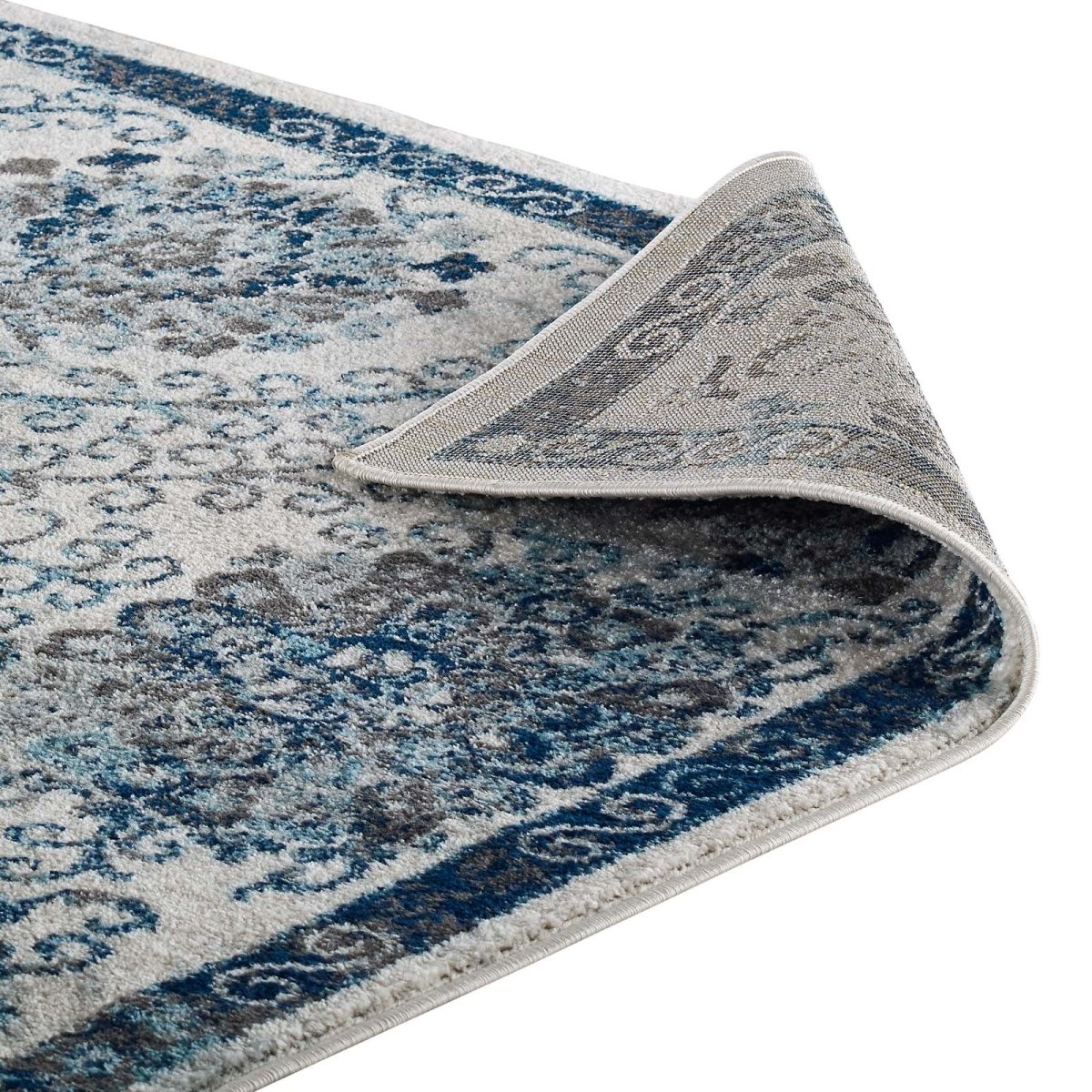 8x10 Ivory and Blue Distressed Floral Moroccan Trellis Area Rug - Mats and Rugs - Alpine Outlets