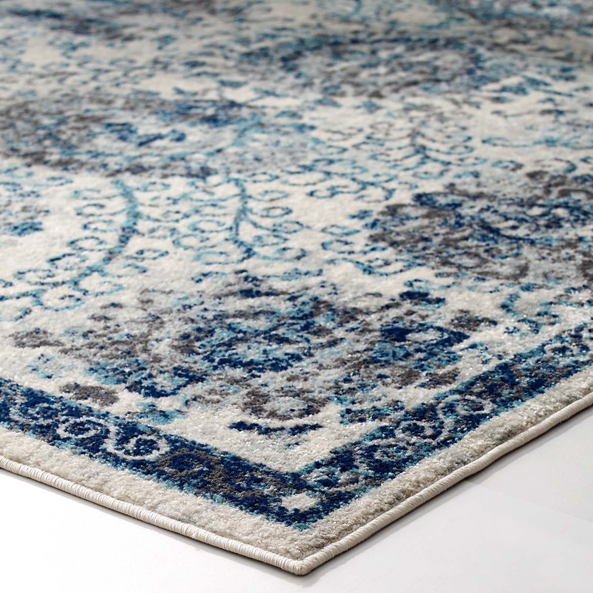 8x10 Ivory and Blue Distressed Floral Moroccan Trellis Area Rug - Mats and Rugs - Alpine Outlets