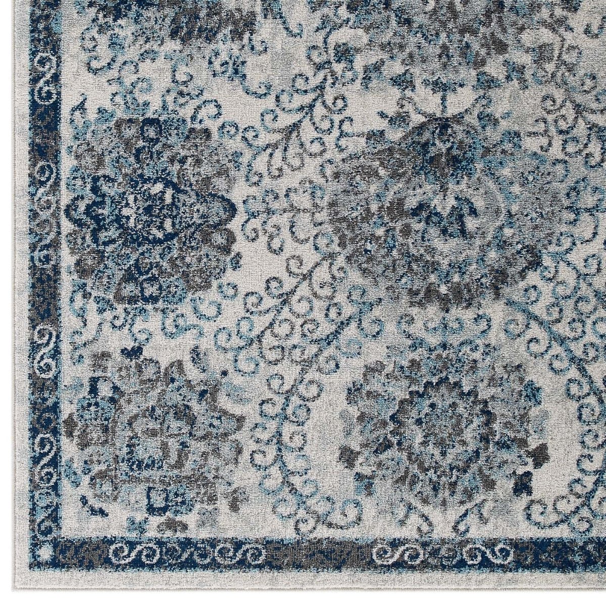 8x10 Ivory and Blue Distressed Floral Moroccan Trellis Area Rug - Mats and Rugs - Alpine Outlets