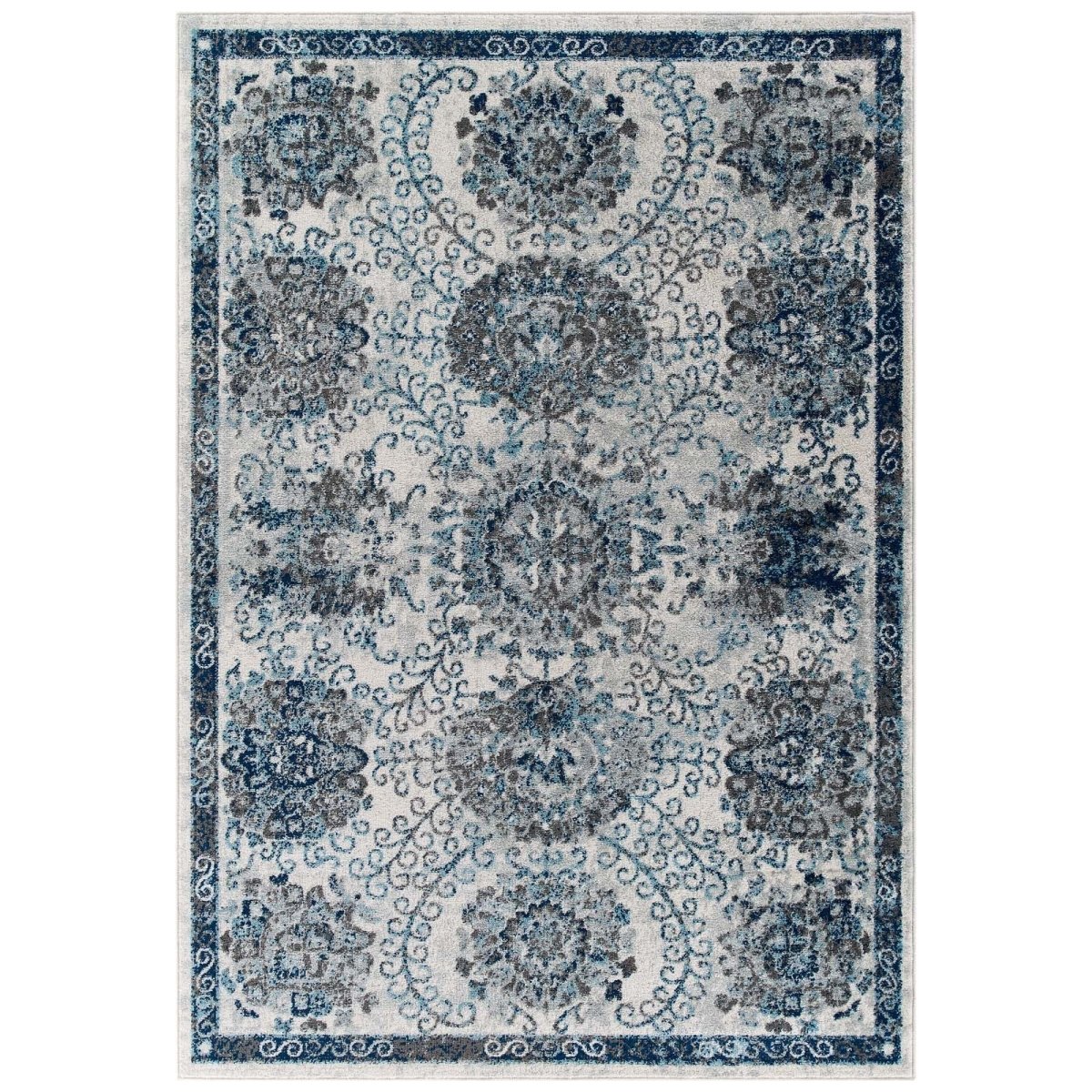 8x10 Ivory and Blue Distressed Floral Moroccan Trellis Area Rug - Mats and Rugs - Alpine Outlets