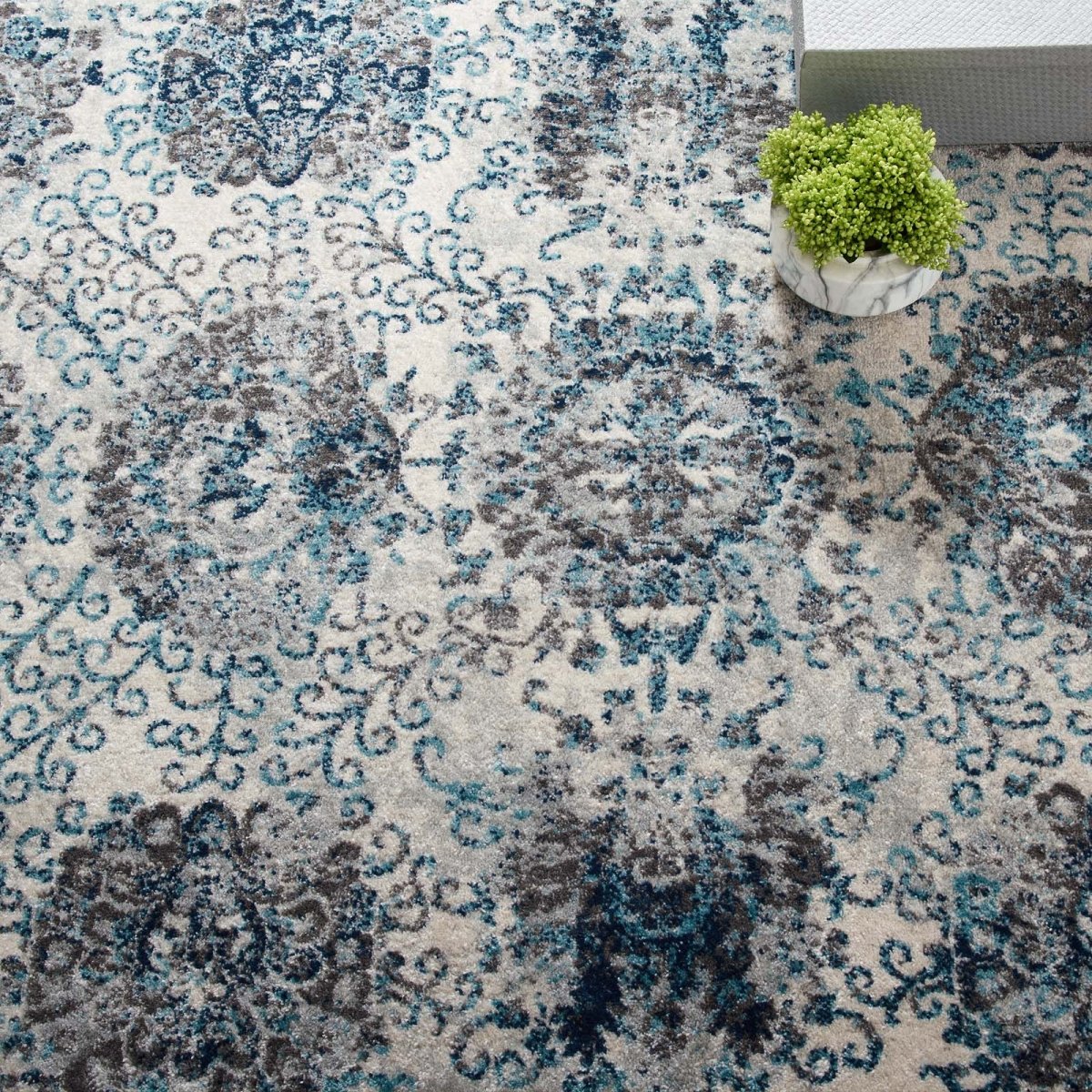 8x10 Ivory and Blue Distressed Floral Moroccan Trellis Area Rug - Mats and Rugs - Alpine Outlets
