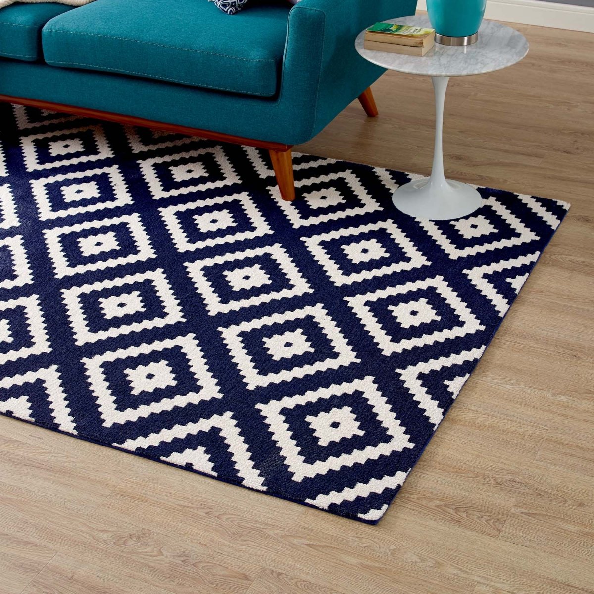 8x10 Ivory and Navy Abstract Diamond Trellis Polyester Area Rug - Mats and Rugs - Alpine Outlets