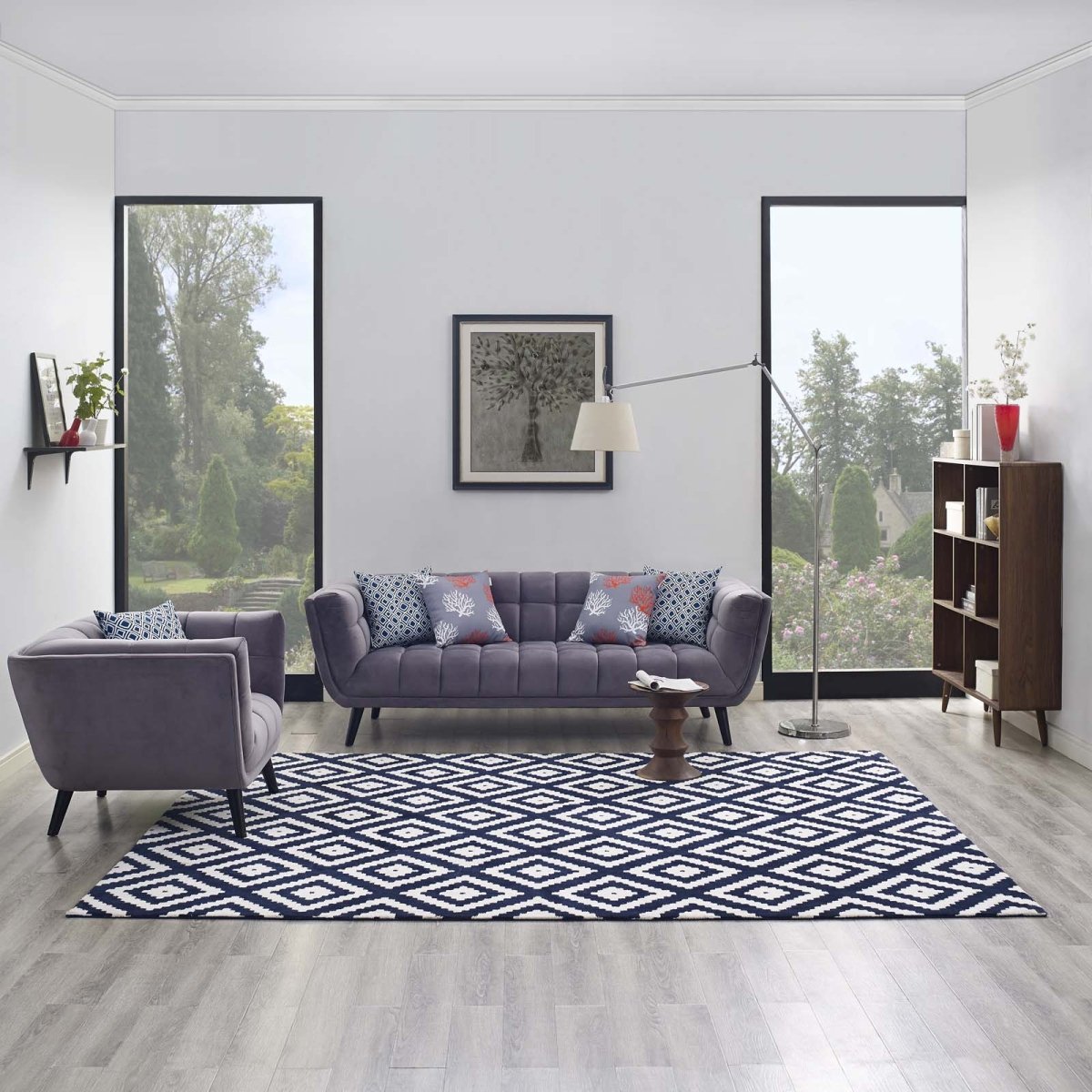 8x10 Ivory and Navy Abstract Diamond Trellis Polyester Area Rug - Mats and Rugs - Alpine Outlets
