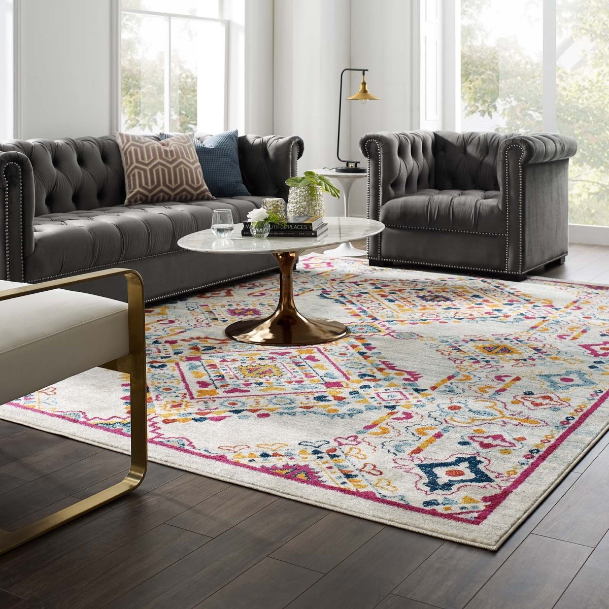 8x10 Ivory Blue Orange Yellow Red Distressed Floral Lattice Polypropylene Area Rug - Mats and Rugs - Alpine Outlets