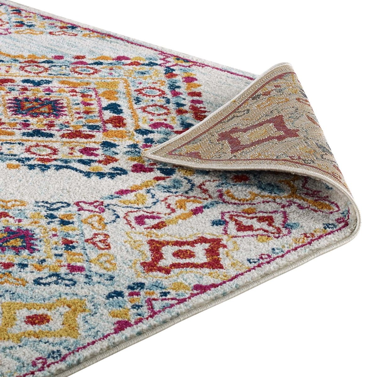 8x10 Ivory Blue Orange Yellow Red Distressed Floral Lattice Polypropylene Area Rug - Mats and Rugs - Alpine Outlets