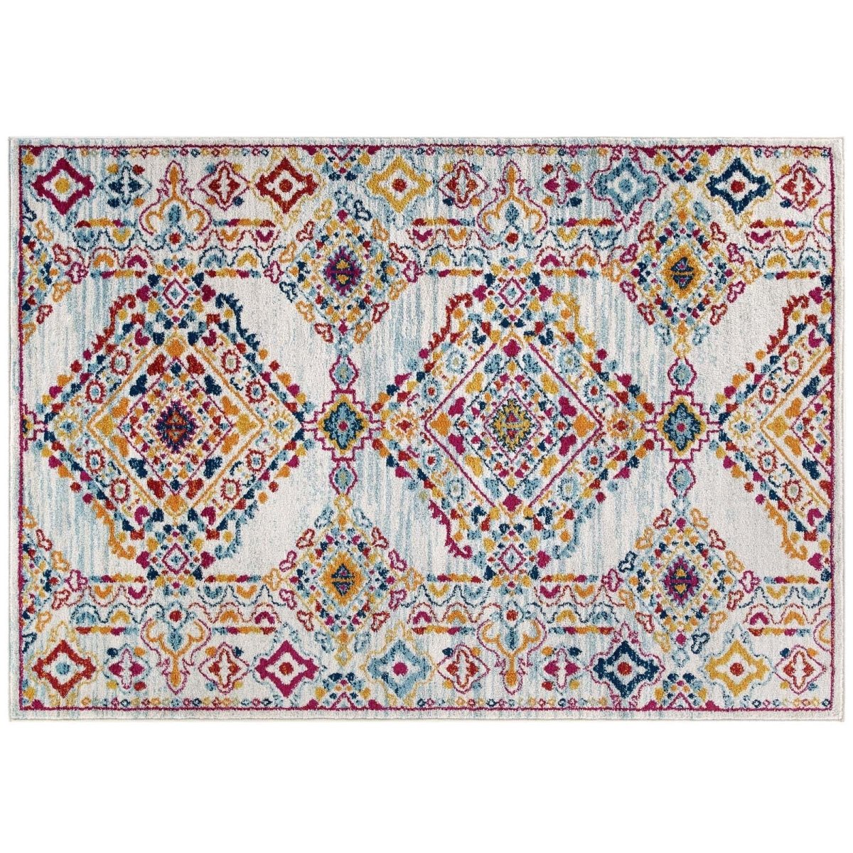 8x10 Ivory Blue Orange Yellow Red Distressed Floral Lattice Polypropylene Area Rug - Mats and Rugs - Alpine Outlets