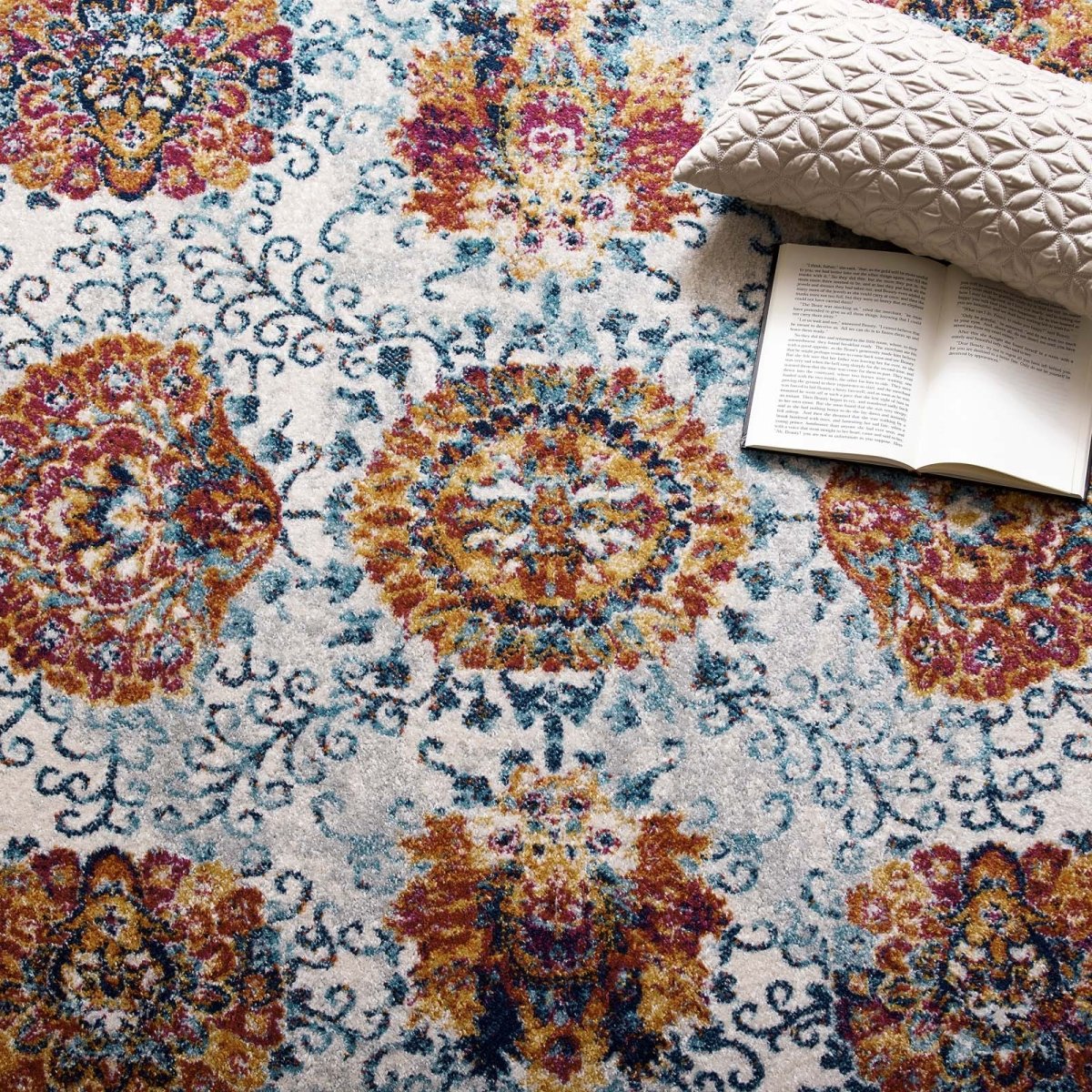 8x10 Ivory Blue Red Orange Yellow Distressed Floral Moroccan Trellis Area Rug - Mats and Rugs - Alpine Outlets