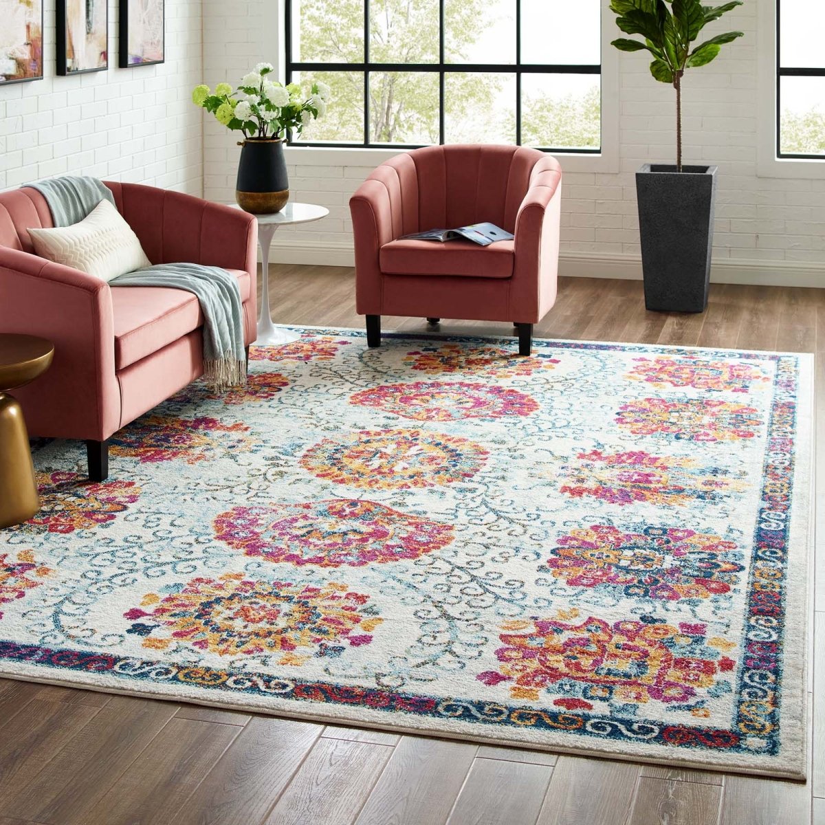 8x10 Ivory Blue Red Orange Yellow Distressed Floral Moroccan Trellis Area Rug - Mats and Rugs - Alpine Outlets