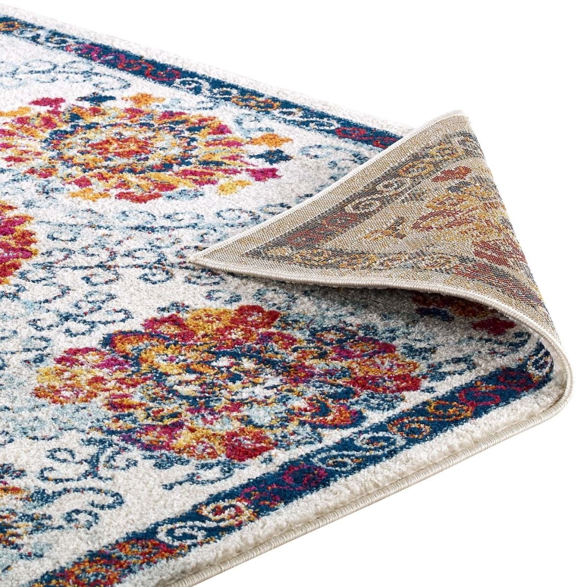 8x10 Ivory Blue Red Orange Yellow Distressed Floral Moroccan Trellis Area Rug - Mats and Rugs - Alpine Outlets