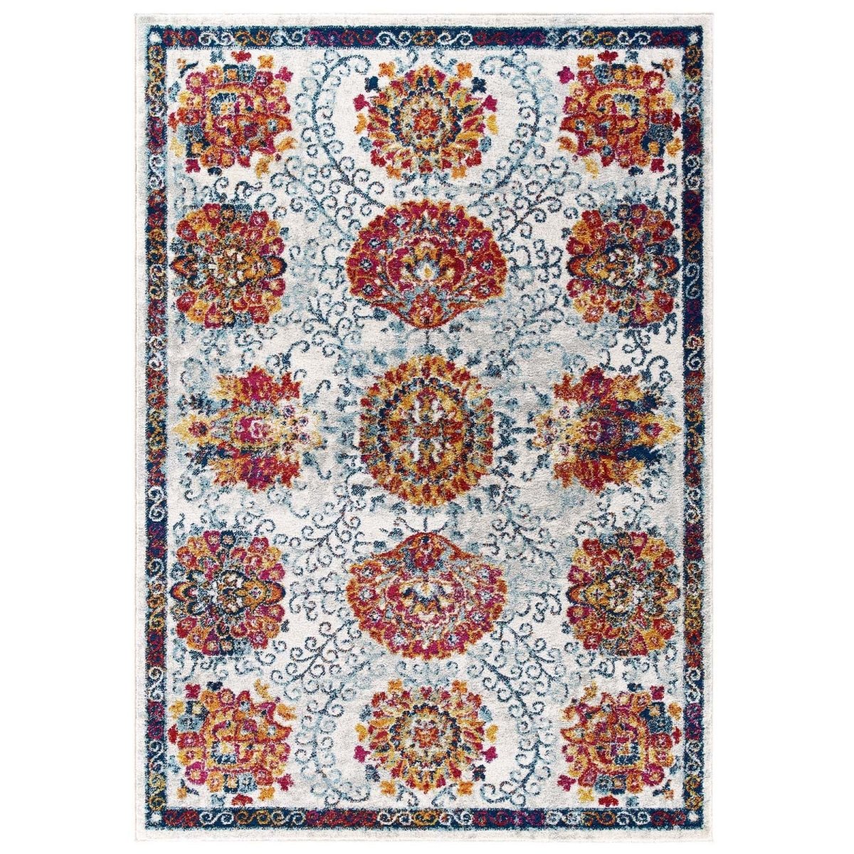 8x10 Ivory Blue Red Orange Yellow Distressed Floral Moroccan Trellis Area Rug - Mats and Rugs - Alpine Outlets