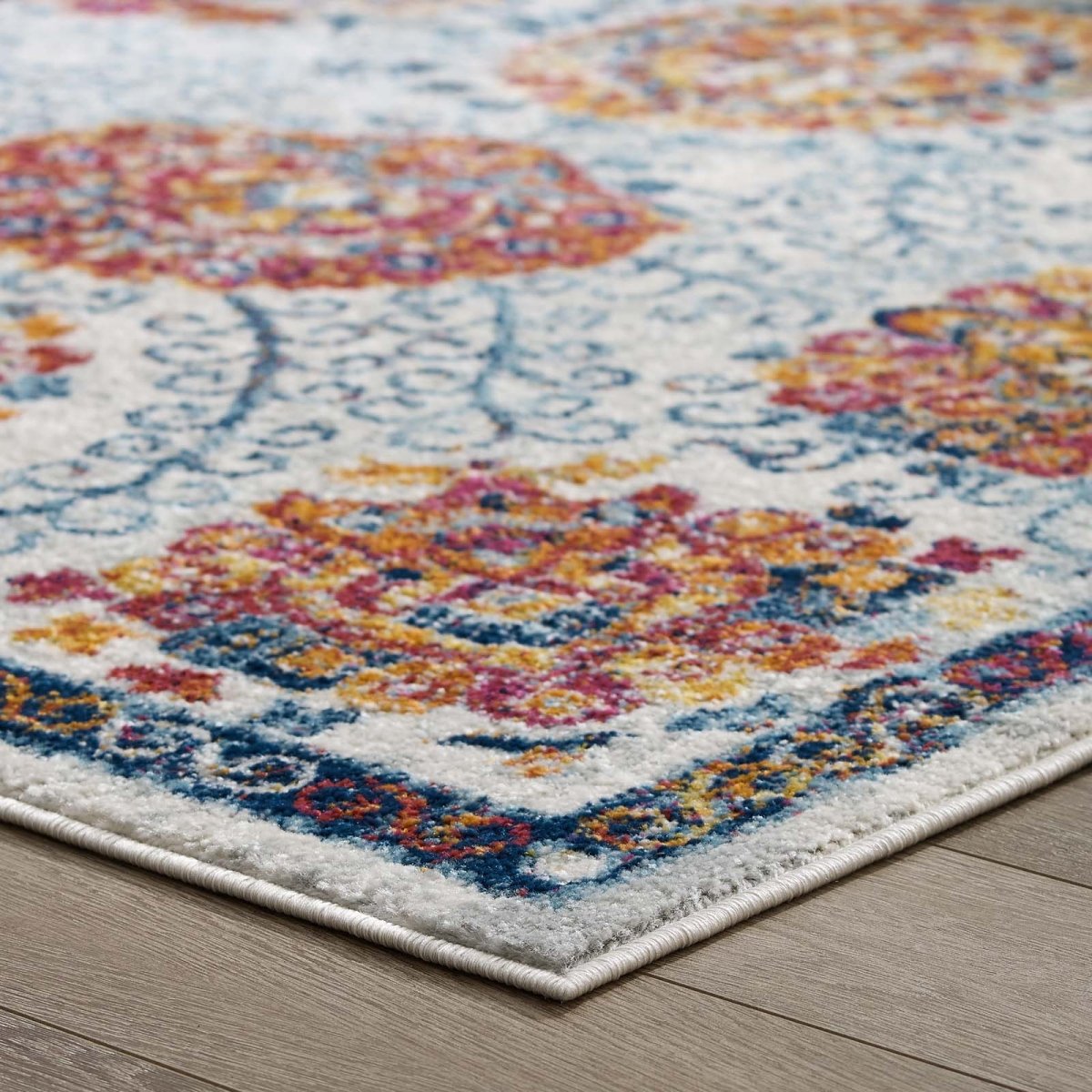 8x10 Ivory Blue Red Orange Yellow Distressed Floral Moroccan Trellis Area Rug - Mats and Rugs - Alpine Outlets