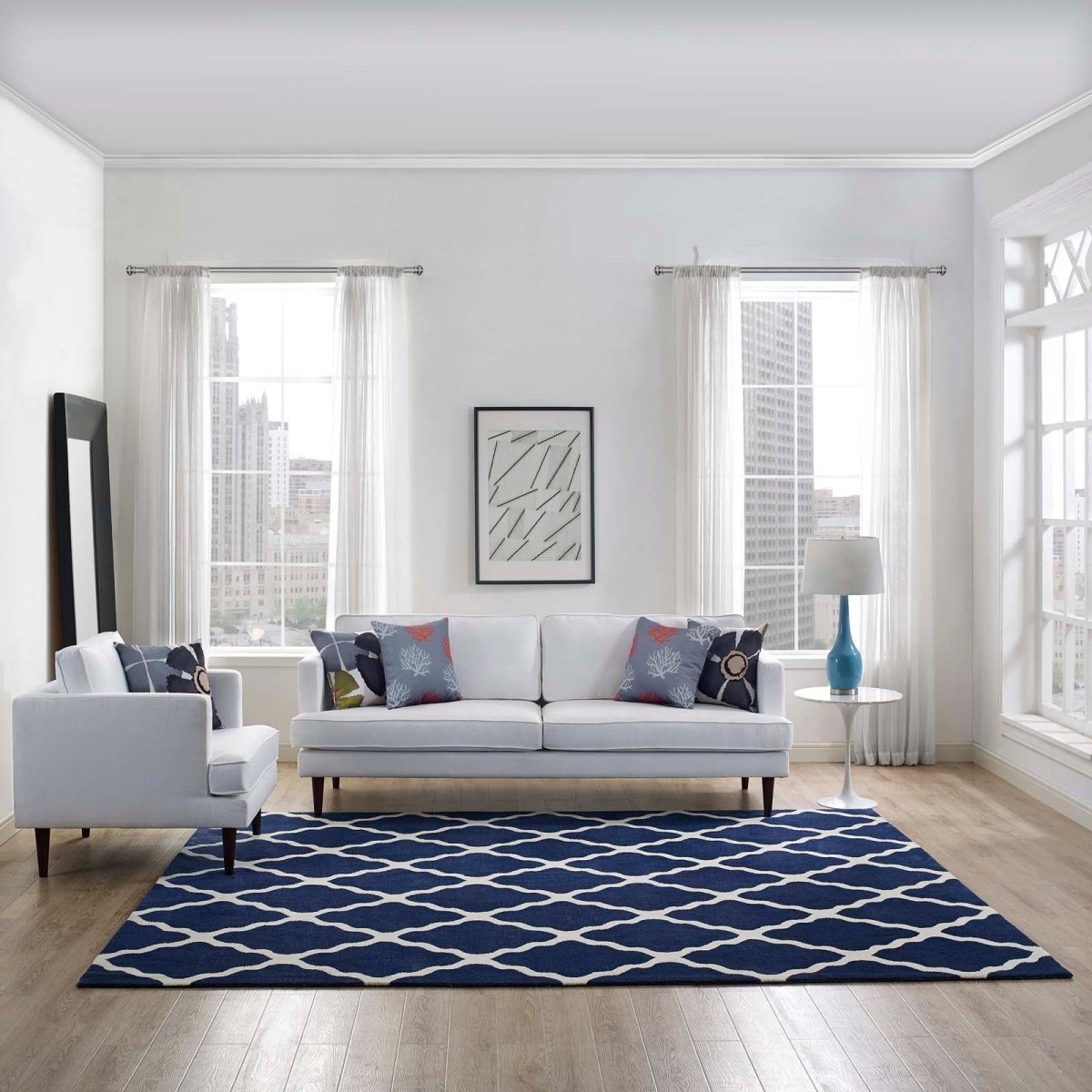 8x10 Navy and Ivory Moroccan Trellis Polyester Area Rug - Mats and Rugs - Alpine Outlets